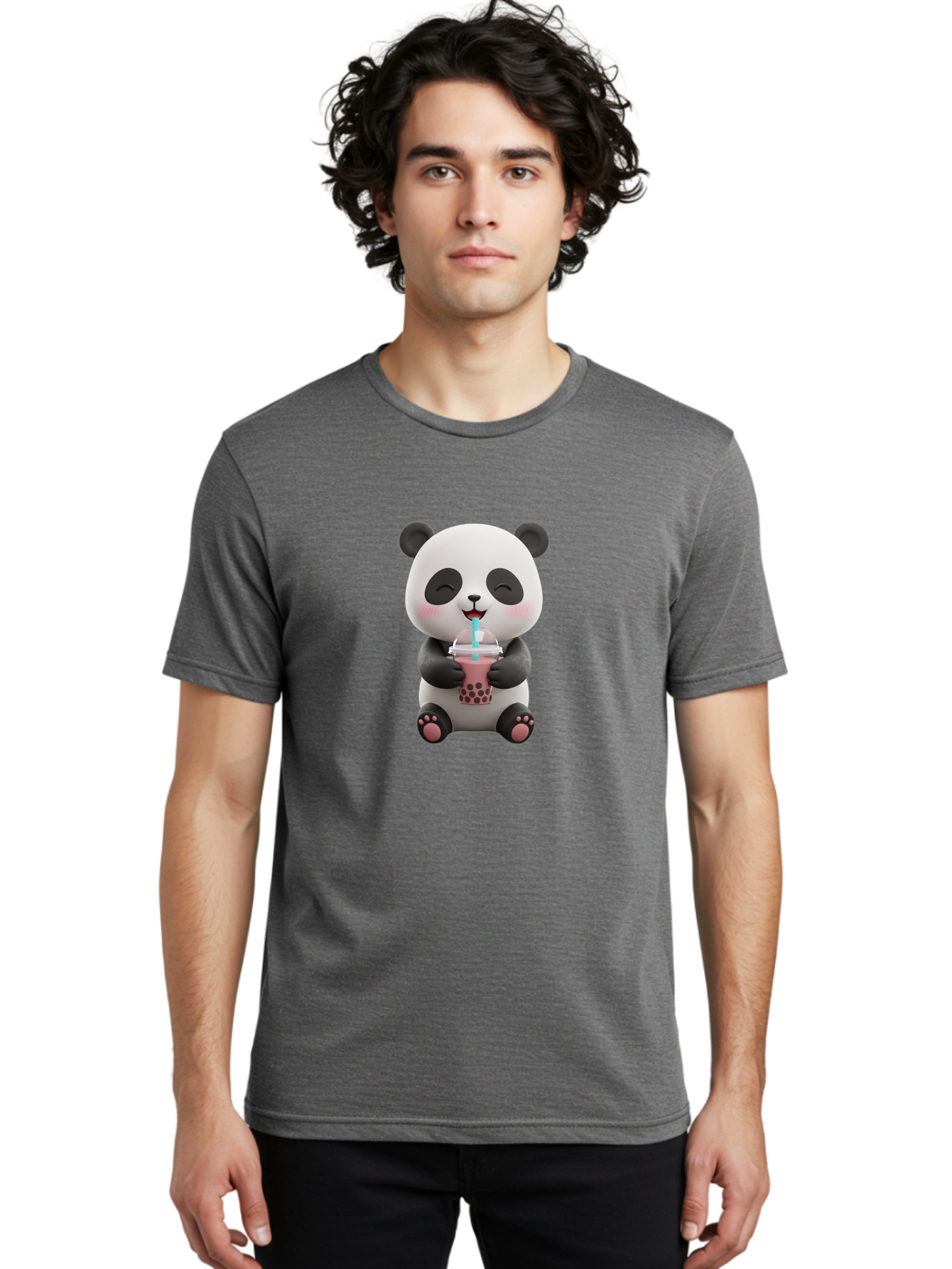 Panda-Drinking-Boba-1 Men'S Graphic Tee, 100% Cotton, Comfortable Casual Summer Wear, Machine Washable, Cartoon Panda, Boba Tea, Pink Drink, Blue Straw, Happy Panda, Kawaii Character, Adorable Bear, Cute Animal, Tea Time, Boba Lover Bae575