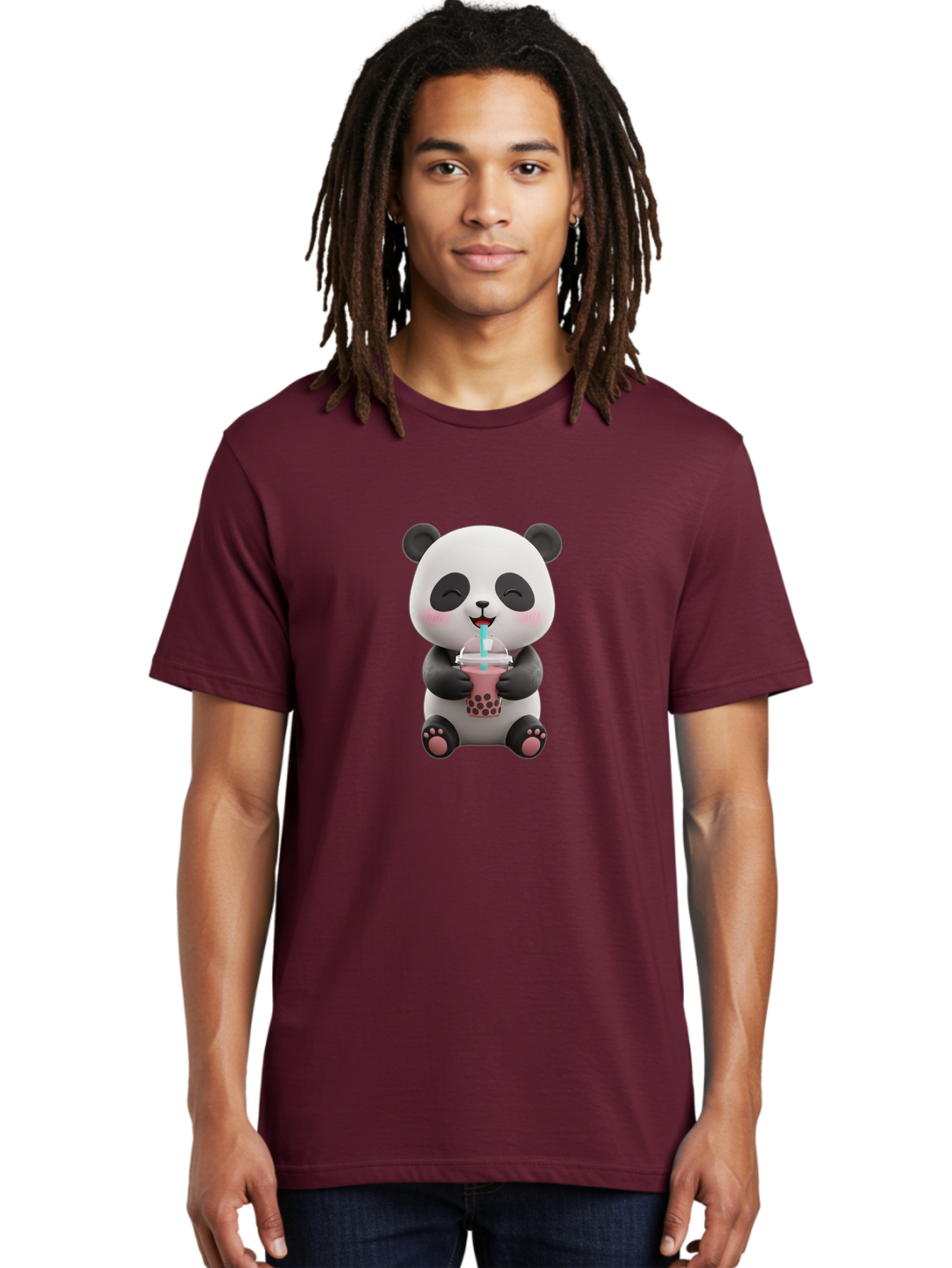 Panda-Drinking-Boba-1 Men'S Graphic Tee, 100% Cotton, Comfortable Casual Summer Wear, Machine Washable, Cartoon Panda, Boba Tea, Pink Drink, Blue Straw, Happy Panda, Kawaii Character, Adorable Bear, Cute Animal, Tea Time, Boba Lover Bae575