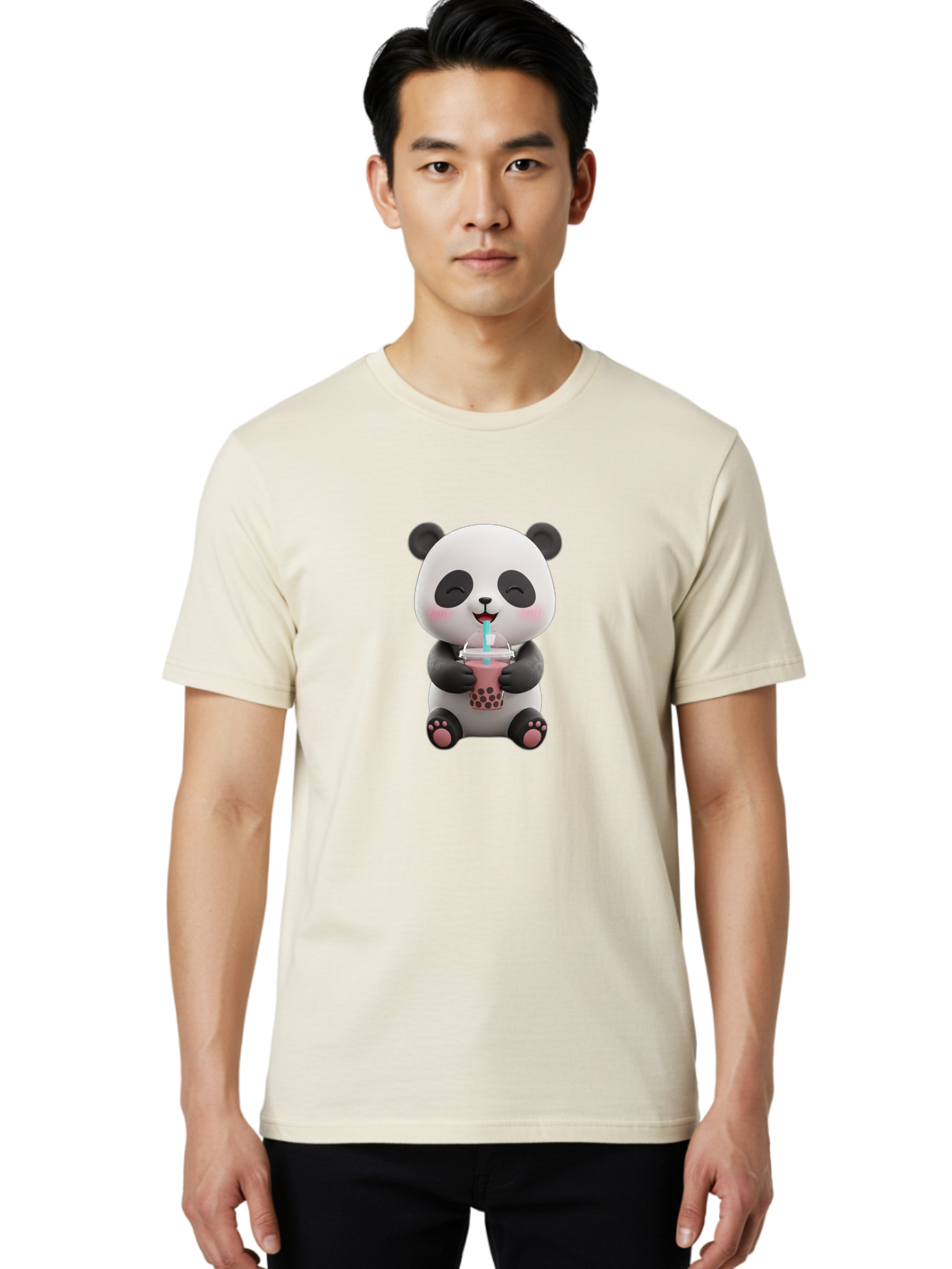 Panda-Drinking-Boba-1 Men'S Graphic Tee, 100% Cotton, Comfortable Casual Summer Wear, Machine Washable, Cartoon Panda, Boba Tea, Pink Drink, Blue Straw, Happy Panda, Kawaii Character, Adorable Bear, Cute Animal, Tea Time, Boba Lover Bae575