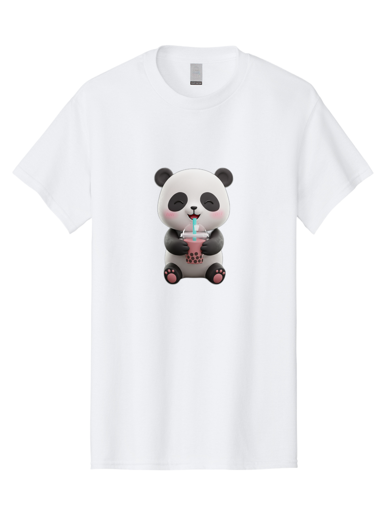 Panda-Drinking-Boba-1 Men'S Graphic Tee, 100% Cotton, Comfortable Casual Summer Wear, Machine Washable, Cartoon Panda, Boba Tea, Pink Drink, Blue Straw, Happy Panda, Kawaii Character, Adorable Bear, Cute Animal, Tea Time, Boba Lover Bae575