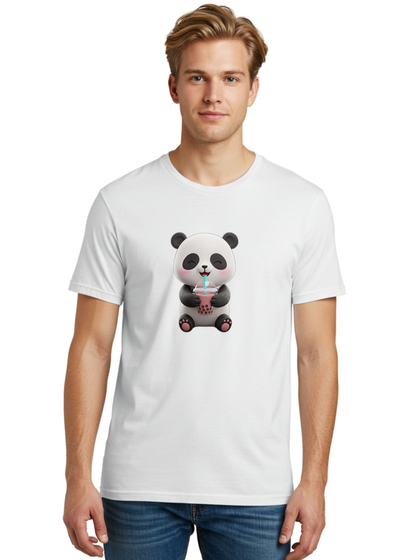 Panda-Drinking-Boba-1 Men'S Graphic Tee, 100% Cotton, Comfortable Casual Summer Wear, Machine Washable, Cartoon Panda, Boba Tea, Pink Drink, Blue Straw, Happy Panda, Kawaii Character, Adorable Bear, Cute Animal, Tea Time, Boba Lover Bae575