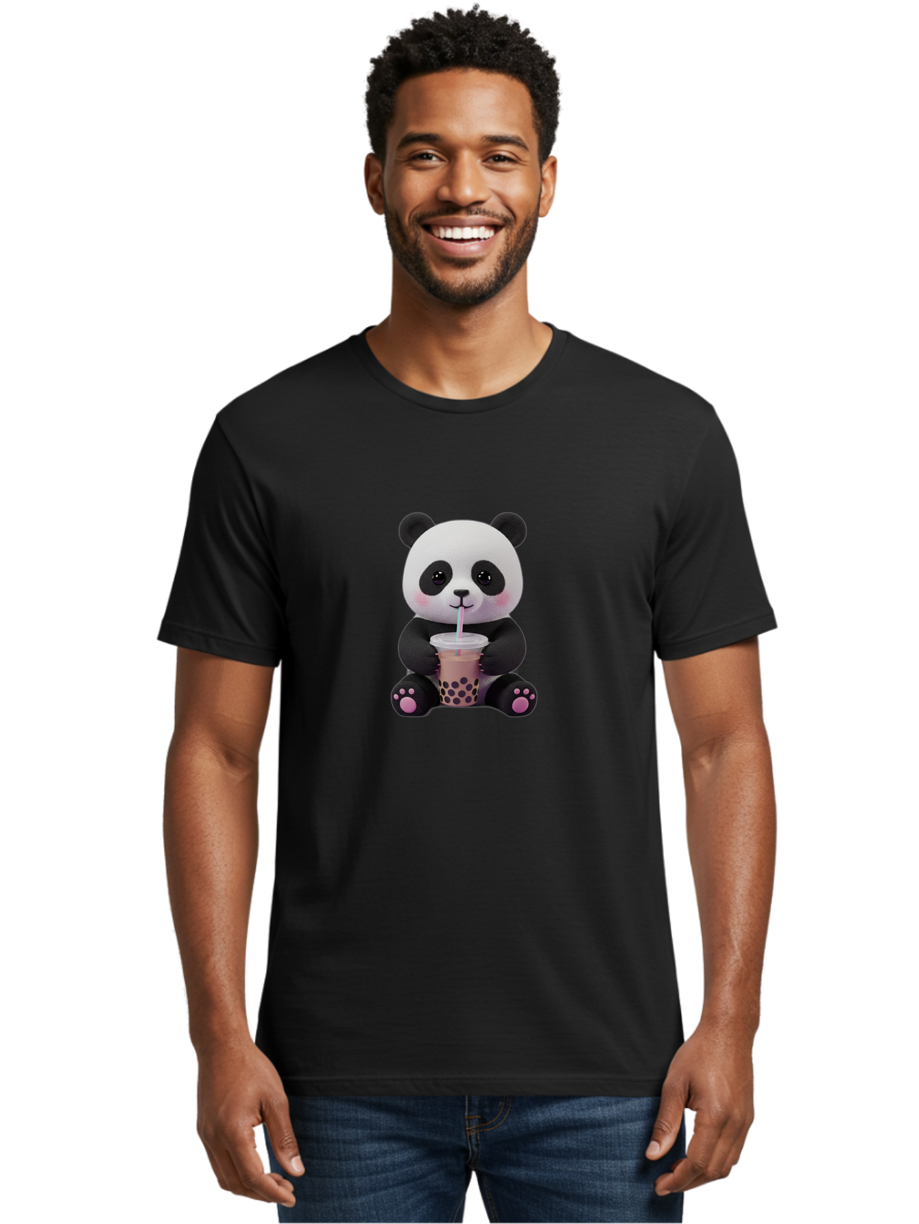 Panda-Drinking-Boba-2 Men'S Graphic Tee, 100% Cotton, Comfortable Casual Summer Wear, Machine Washable, Panda With Boba Tea, Cute Panda, Boba Drink, Bubble Tea, Cute Animal, Kawaii Culture, Cartoon Character, Boba Lover Bae576