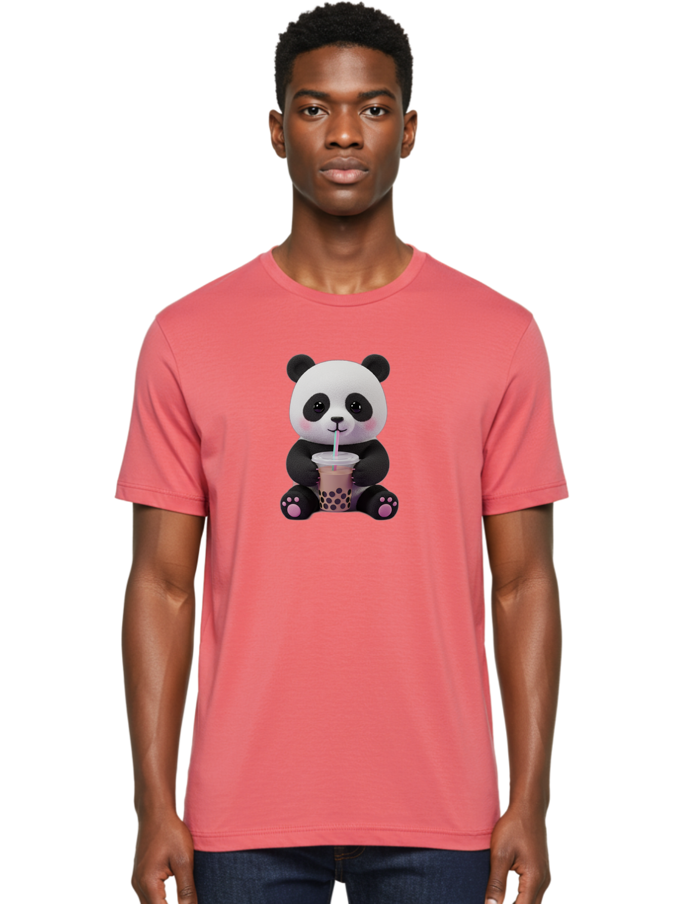 Panda-Drinking-Boba-2 Men'S Graphic Tee, 100% Cotton, Comfortable Casual Summer Wear, Machine Washable, Panda With Boba Tea, Cute Panda, Boba Drink, Bubble Tea, Cute Animal, Kawaii Culture, Cartoon Character, Boba Lover Bae576