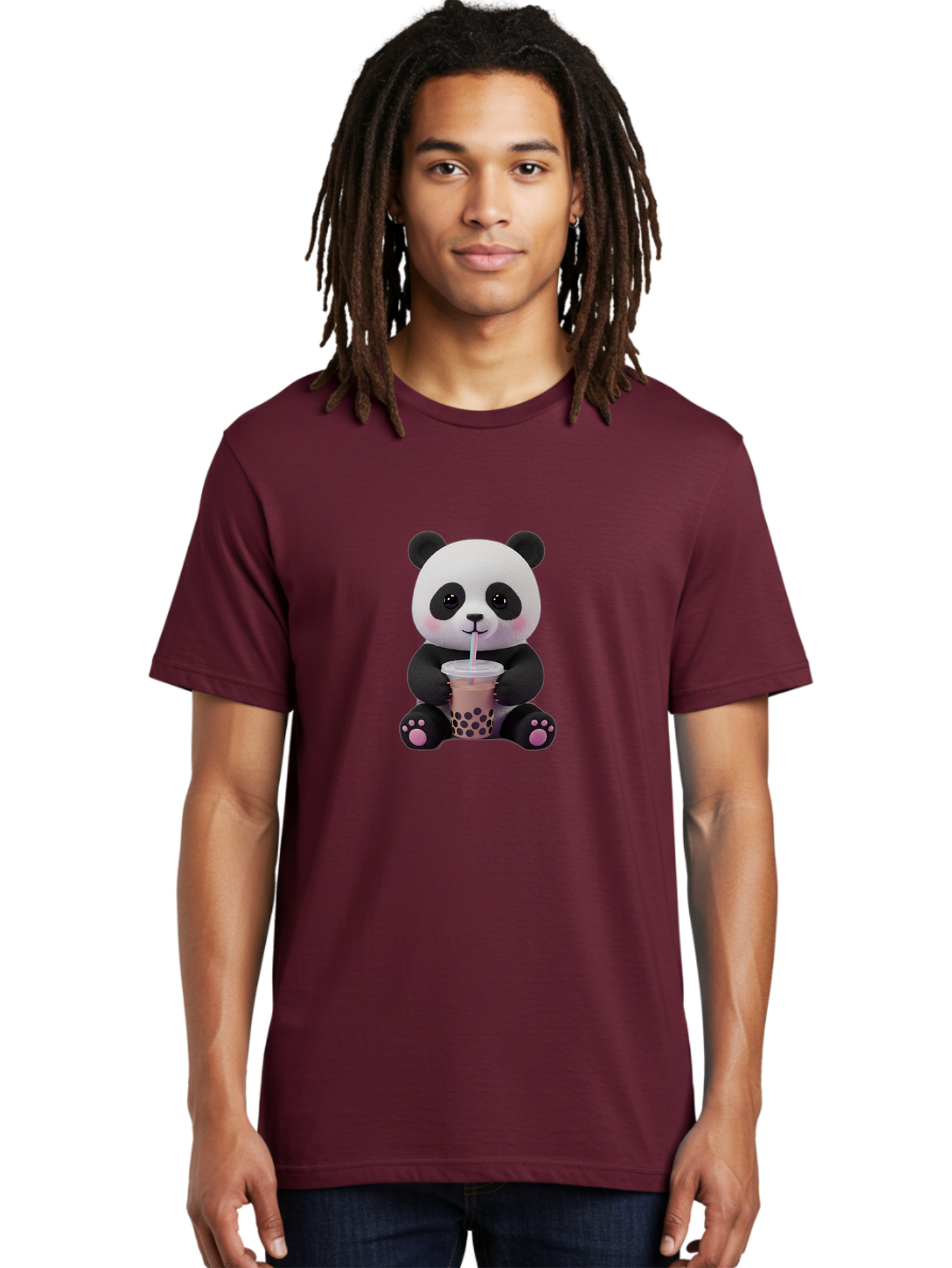 Panda-Drinking-Boba-2 Men'S Graphic Tee, 100% Cotton, Comfortable Casual Summer Wear, Machine Washable, Panda With Boba Tea, Cute Panda, Boba Drink, Bubble Tea, Cute Animal, Kawaii Culture, Cartoon Character, Boba Lover Bae576