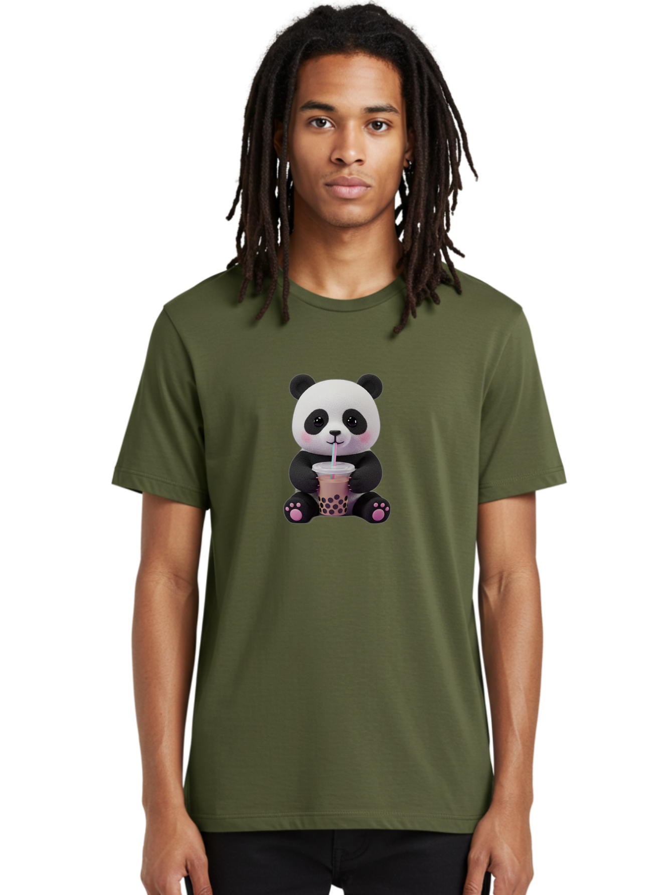 Panda-Drinking-Boba-2 Men'S Graphic Tee, 100% Cotton, Comfortable Casual Summer Wear, Machine Washable, Panda With Boba Tea, Cute Panda, Boba Drink, Bubble Tea, Cute Animal, Kawaii Culture, Cartoon Character, Boba Lover Bae576