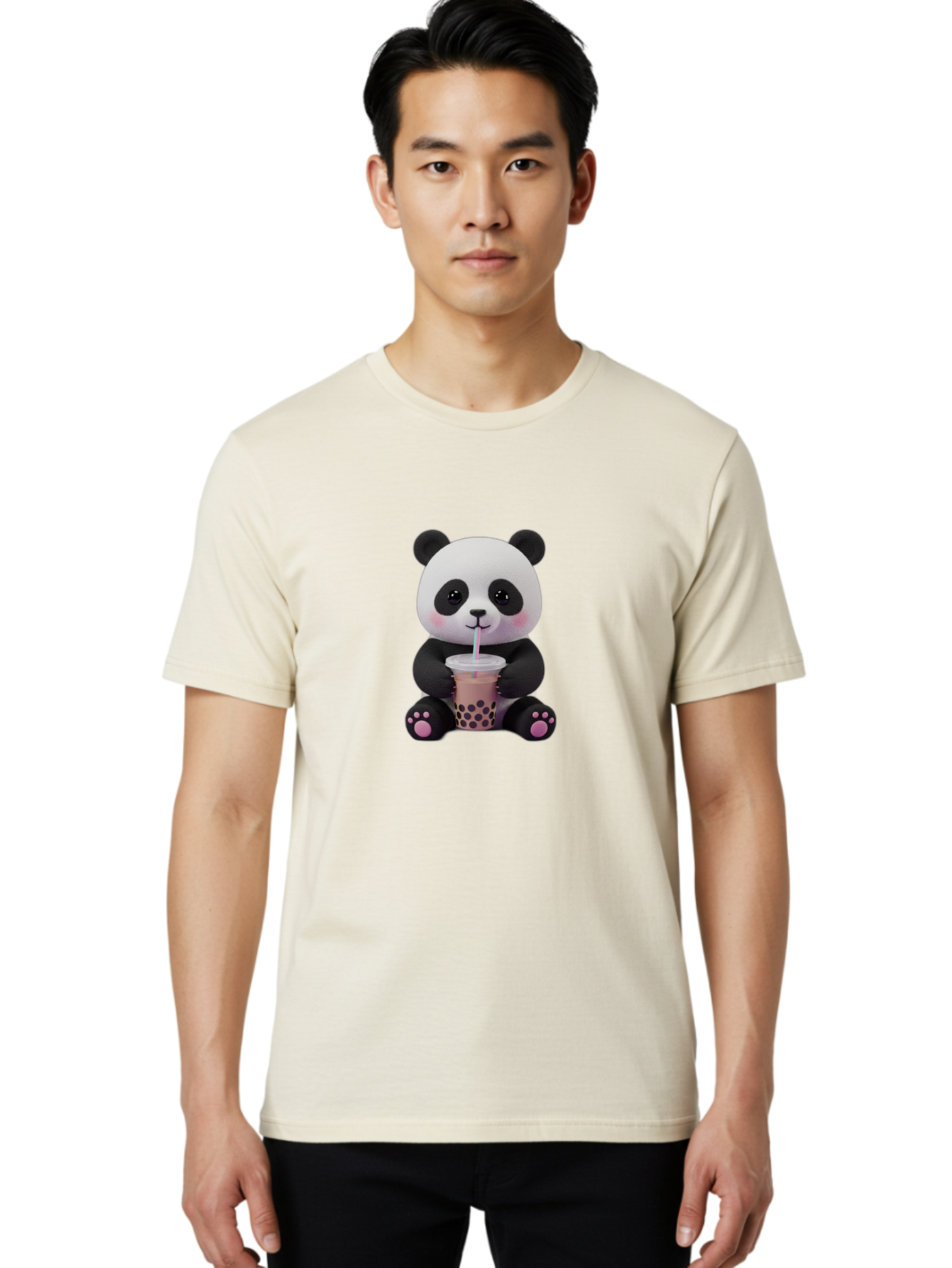 Panda-Drinking-Boba-2 Men'S Graphic Tee, 100% Cotton, Comfortable Casual Summer Wear, Machine Washable, Panda With Boba Tea, Cute Panda, Boba Drink, Bubble Tea, Cute Animal, Kawaii Culture, Cartoon Character, Boba Lover Bae576