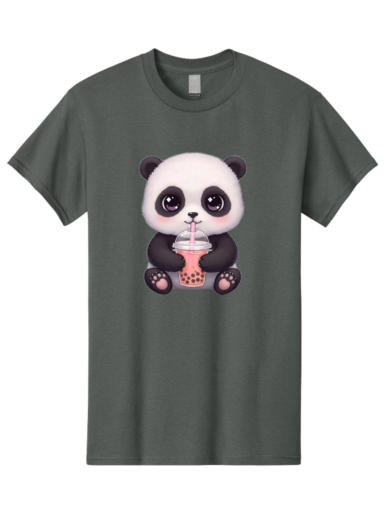 Panda-Drinking-Boba Men'S Graphic Tee, 100% Cotton, Comfortable Casual Summer Wear, Machine Washable, Kawaii Panda, Adorable Cartoon, Bubble Tea, Boba Drink, Pink Straw, Cute Illustration, Digital Art, Panda Bear, Drinking Tea, Bae577