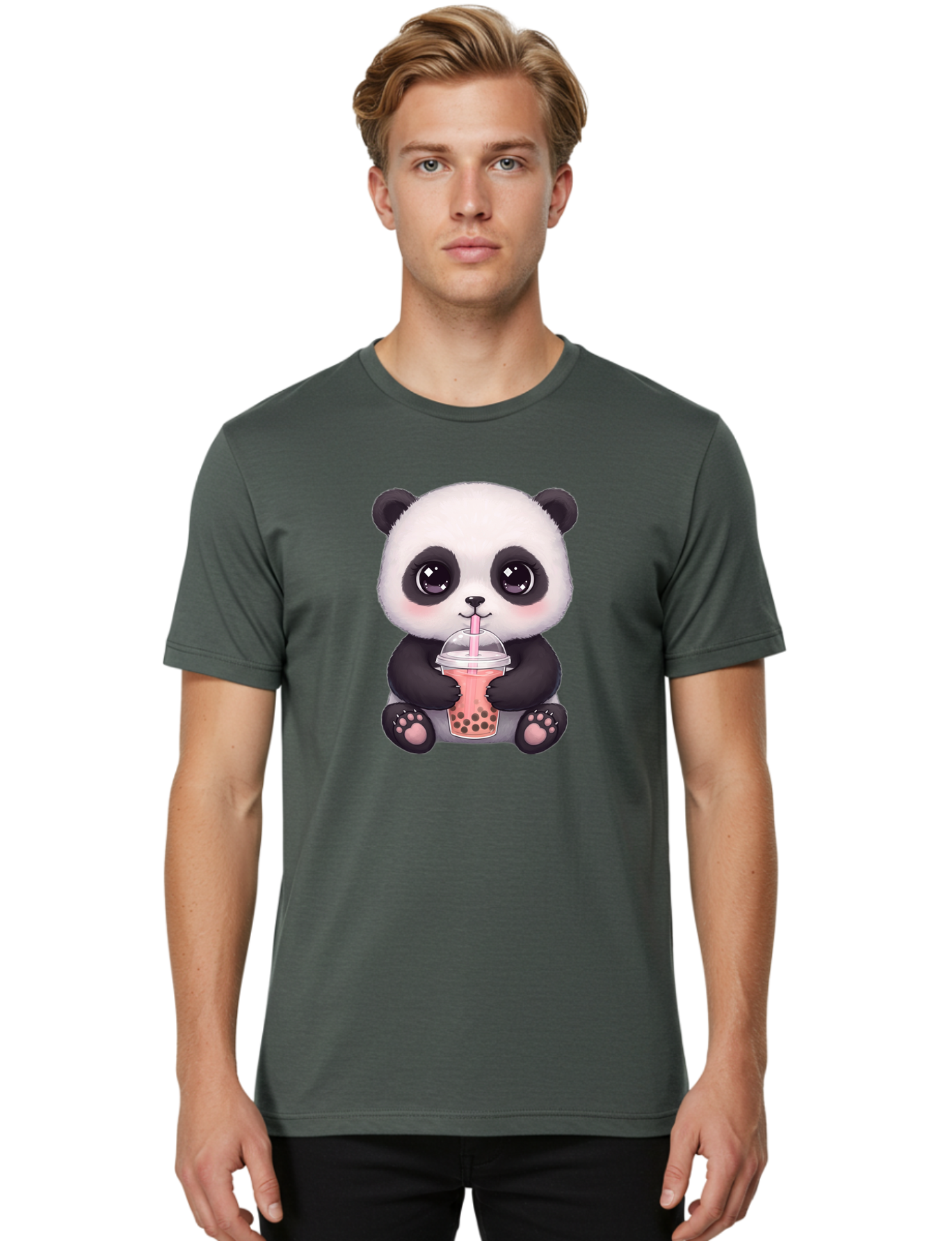 Panda-Drinking-Boba Men'S Graphic Tee, 100% Cotton, Comfortable Casual Summer Wear, Machine Washable, Kawaii Panda, Adorable Cartoon, Bubble Tea, Boba Drink, Pink Straw, Cute Illustration, Digital Art, Panda Bear, Drinking Tea, Bae577