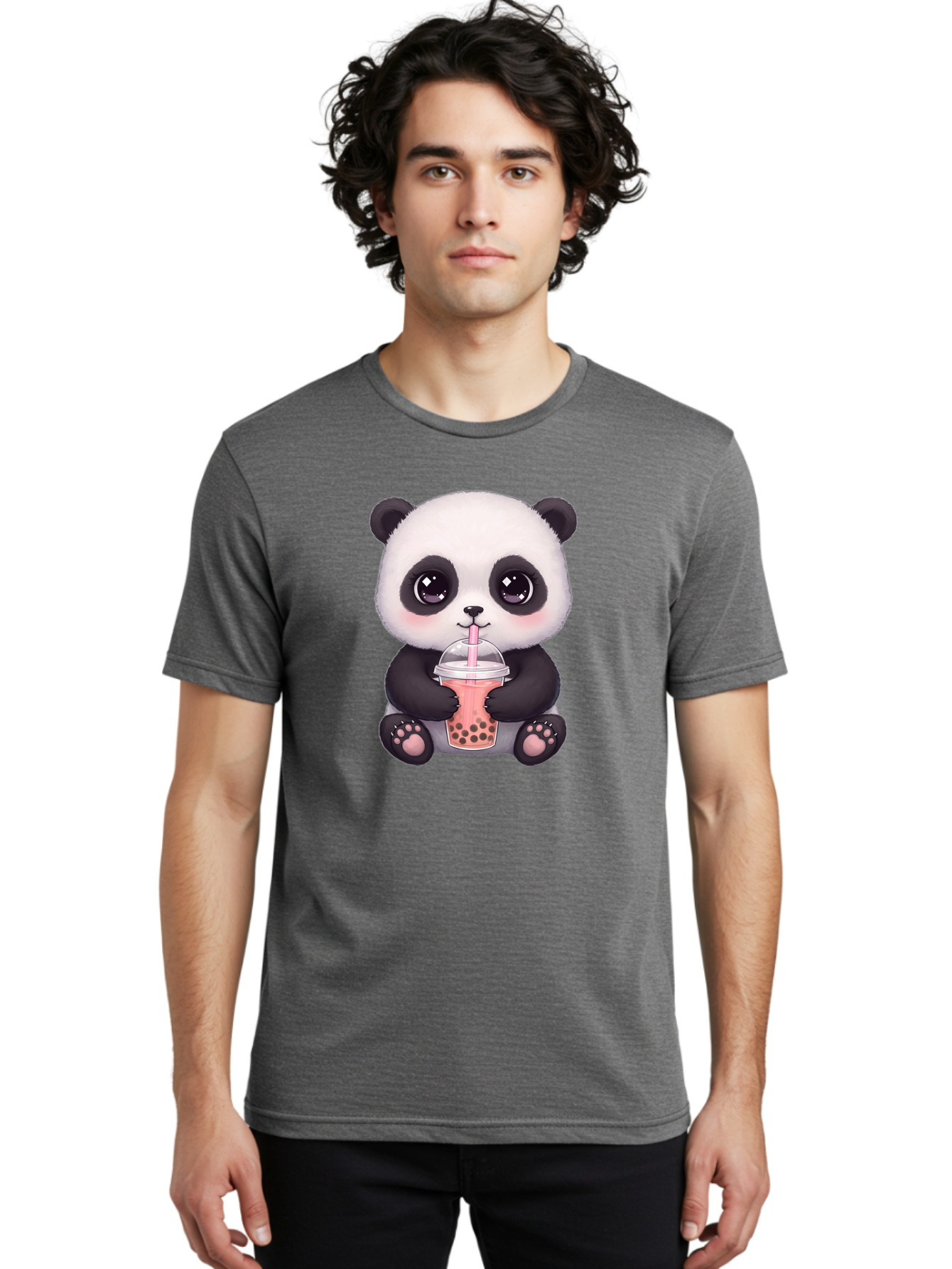 Panda-Drinking-Boba Men'S Graphic Tee, 100% Cotton, Comfortable Casual Summer Wear, Machine Washable, Kawaii Panda, Adorable Cartoon, Bubble Tea, Boba Drink, Pink Straw, Cute Illustration, Digital Art, Panda Bear, Drinking Tea, Bae577
