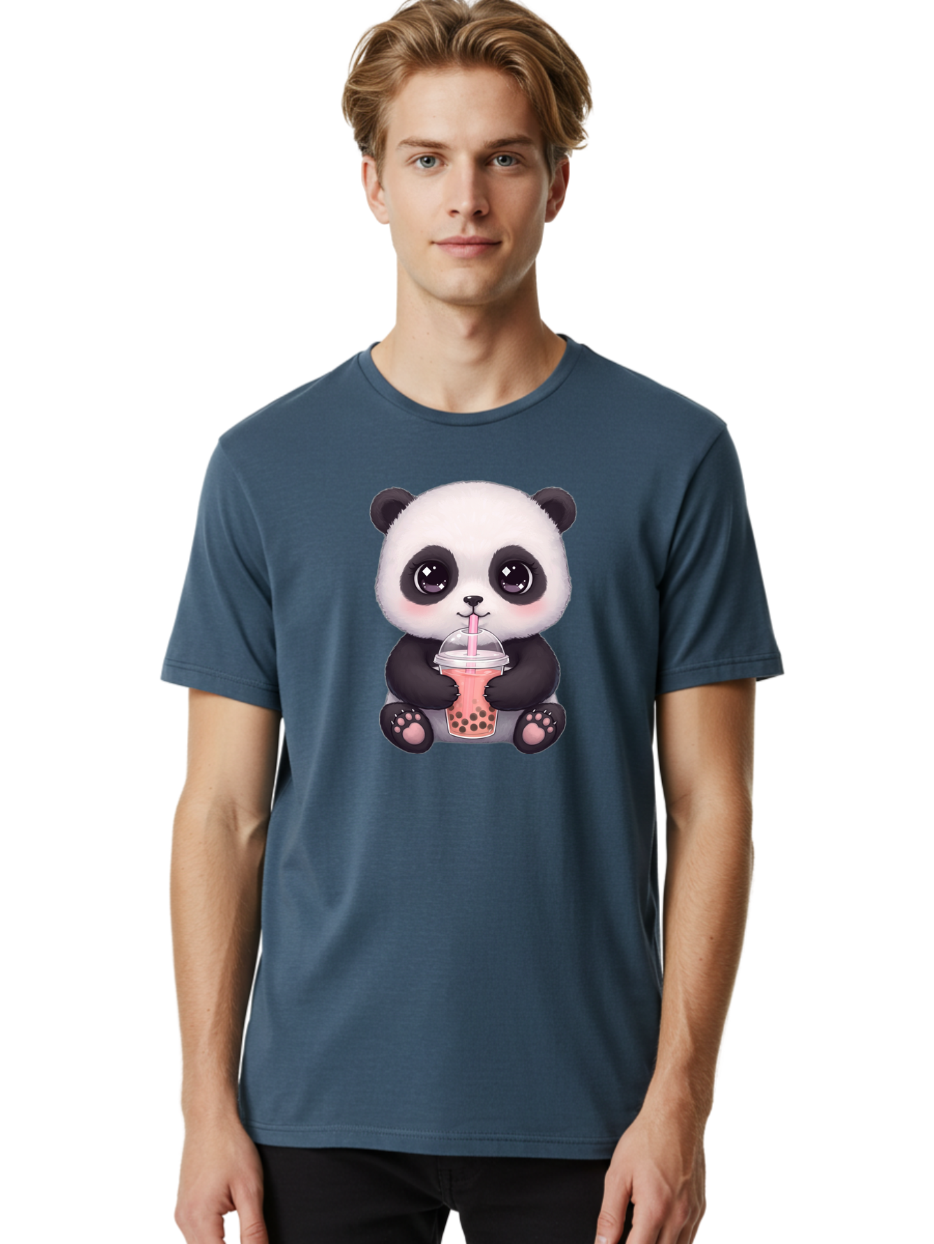 Panda-Drinking-Boba Men'S Graphic Tee, 100% Cotton, Comfortable Casual Summer Wear, Machine Washable, Kawaii Panda, Adorable Cartoon, Bubble Tea, Boba Drink, Pink Straw, Cute Illustration, Digital Art, Panda Bear, Drinking Tea, Bae577