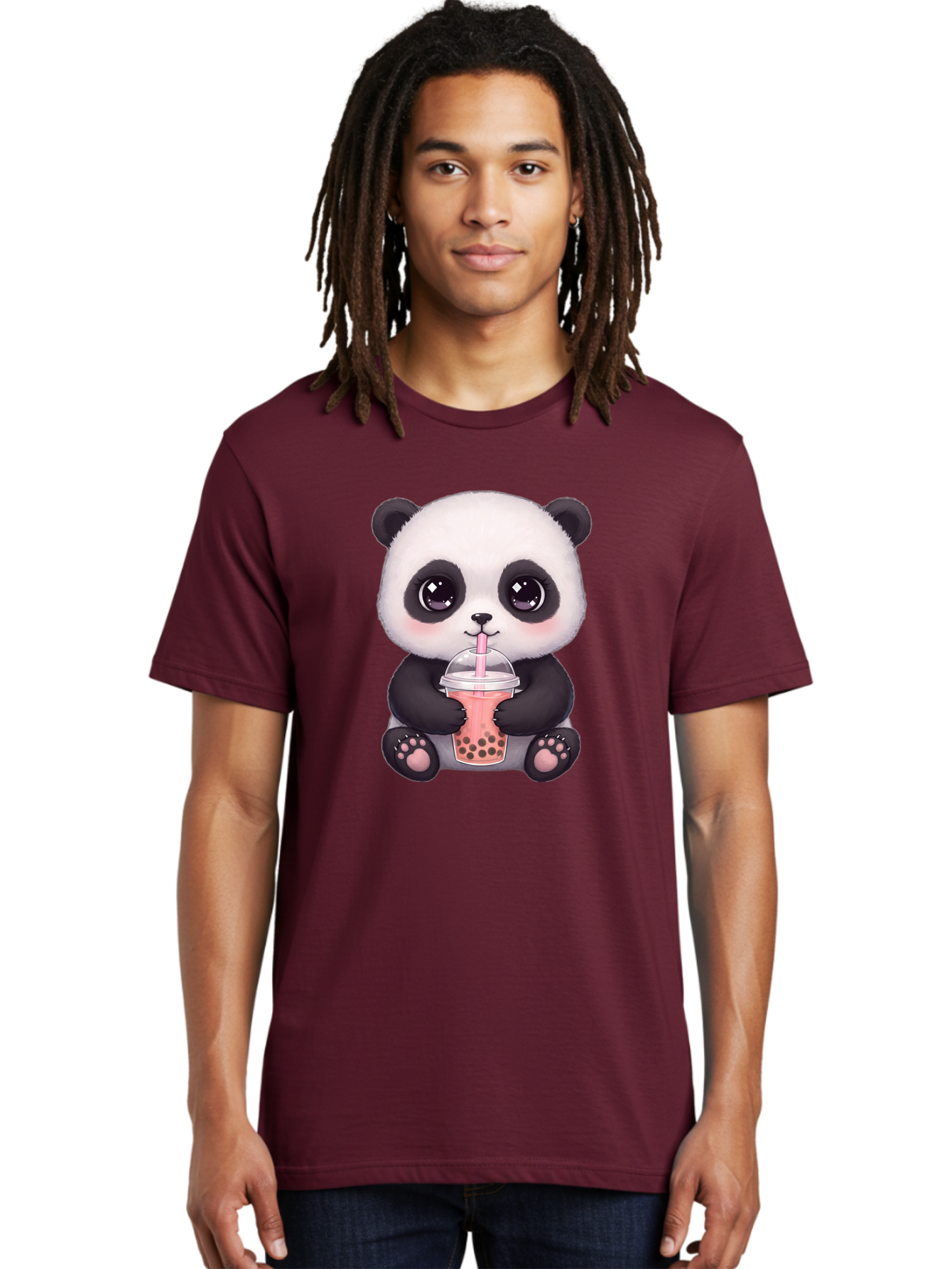 Panda-Drinking-Boba Men'S Graphic Tee, 100% Cotton, Comfortable Casual Summer Wear, Machine Washable, Kawaii Panda, Adorable Cartoon, Bubble Tea, Boba Drink, Pink Straw, Cute Illustration, Digital Art, Panda Bear, Drinking Tea, Bae577
