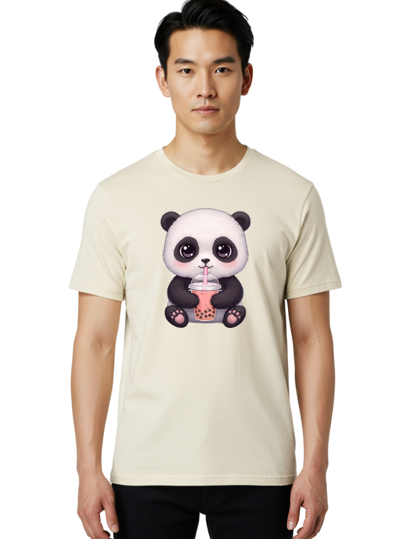 Panda-Drinking-Boba Men'S Graphic Tee, 100% Cotton, Comfortable Casual Summer Wear, Machine Washable, Kawaii Panda, Adorable Cartoon, Bubble Tea, Boba Drink, Pink Straw, Cute Illustration, Digital Art, Panda Bear, Drinking Tea, Bae577