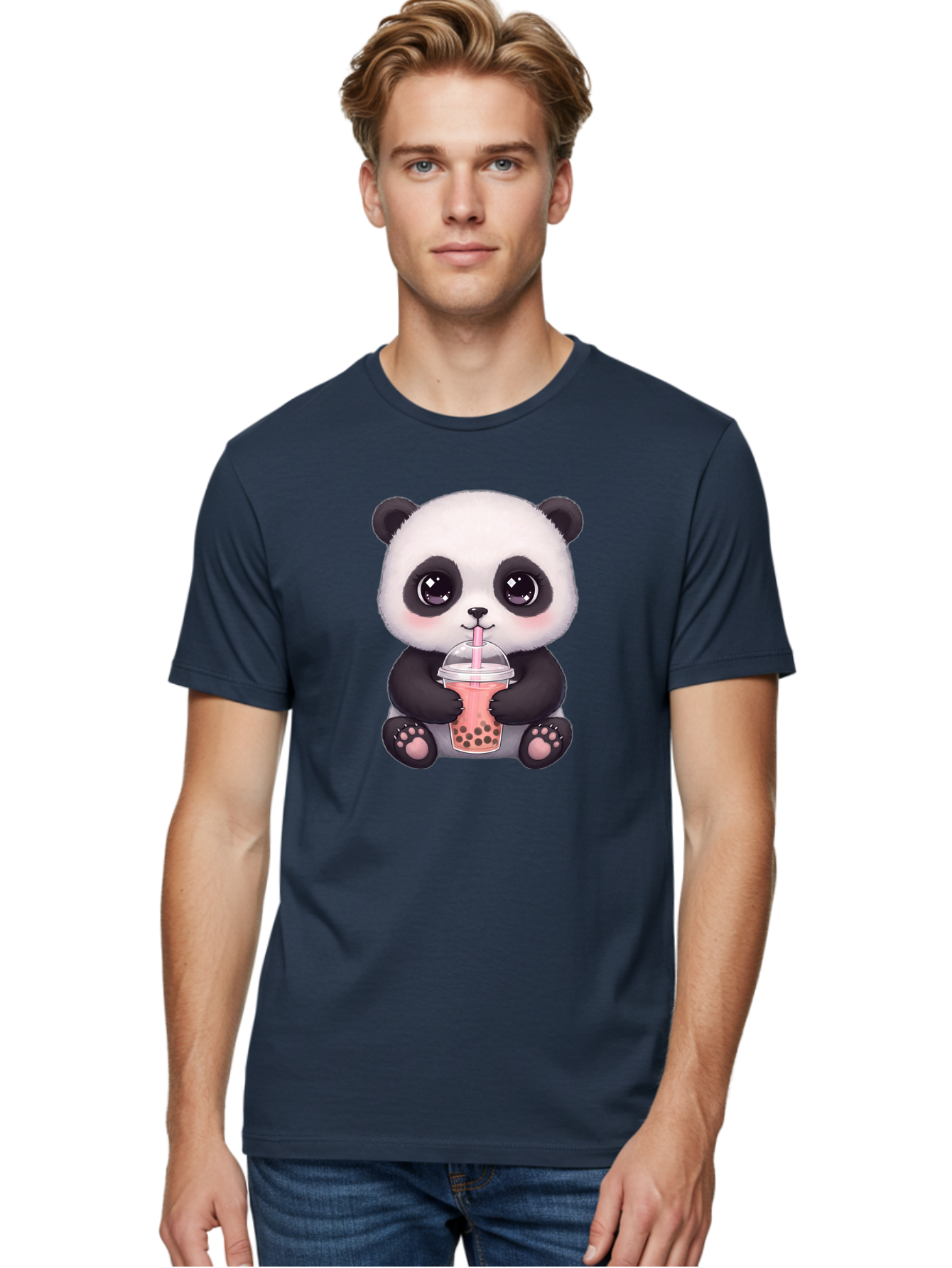 Panda-Drinking-Boba Men'S Graphic Tee, 100% Cotton, Comfortable Casual Summer Wear, Machine Washable, Kawaii Panda, Adorable Cartoon, Bubble Tea, Boba Drink, Pink Straw, Cute Illustration, Digital Art, Panda Bear, Drinking Tea, Bae577