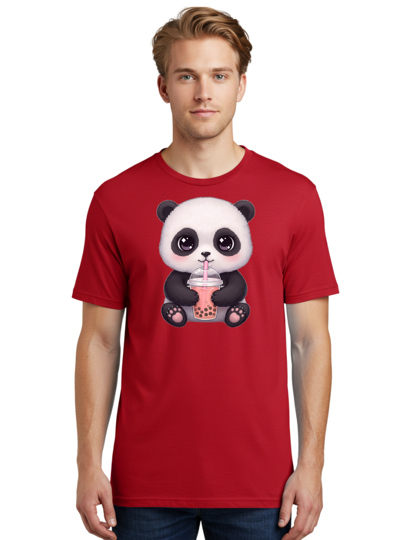 Panda-Drinking-Boba Men'S Graphic Tee, 100% Cotton, Comfortable Casual Summer Wear, Machine Washable, Kawaii Panda, Adorable Cartoon, Bubble Tea, Boba Drink, Pink Straw, Cute Illustration, Digital Art, Panda Bear, Drinking Tea, Bae577