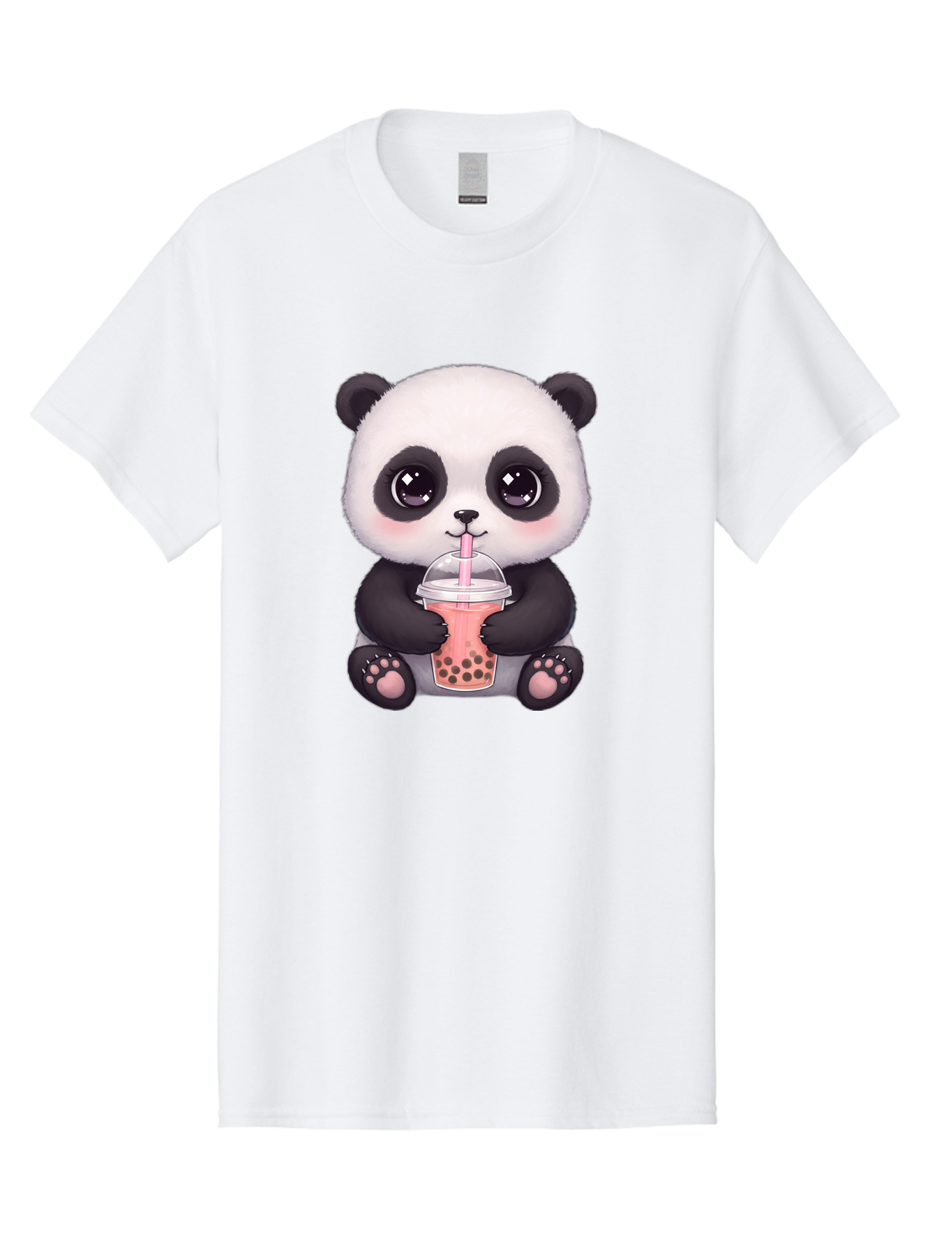 Panda-Drinking-Boba Men'S Graphic Tee, 100% Cotton, Comfortable Casual Summer Wear, Machine Washable, Kawaii Panda, Adorable Cartoon, Bubble Tea, Boba Drink, Pink Straw, Cute Illustration, Digital Art, Panda Bear, Drinking Tea, Bae577