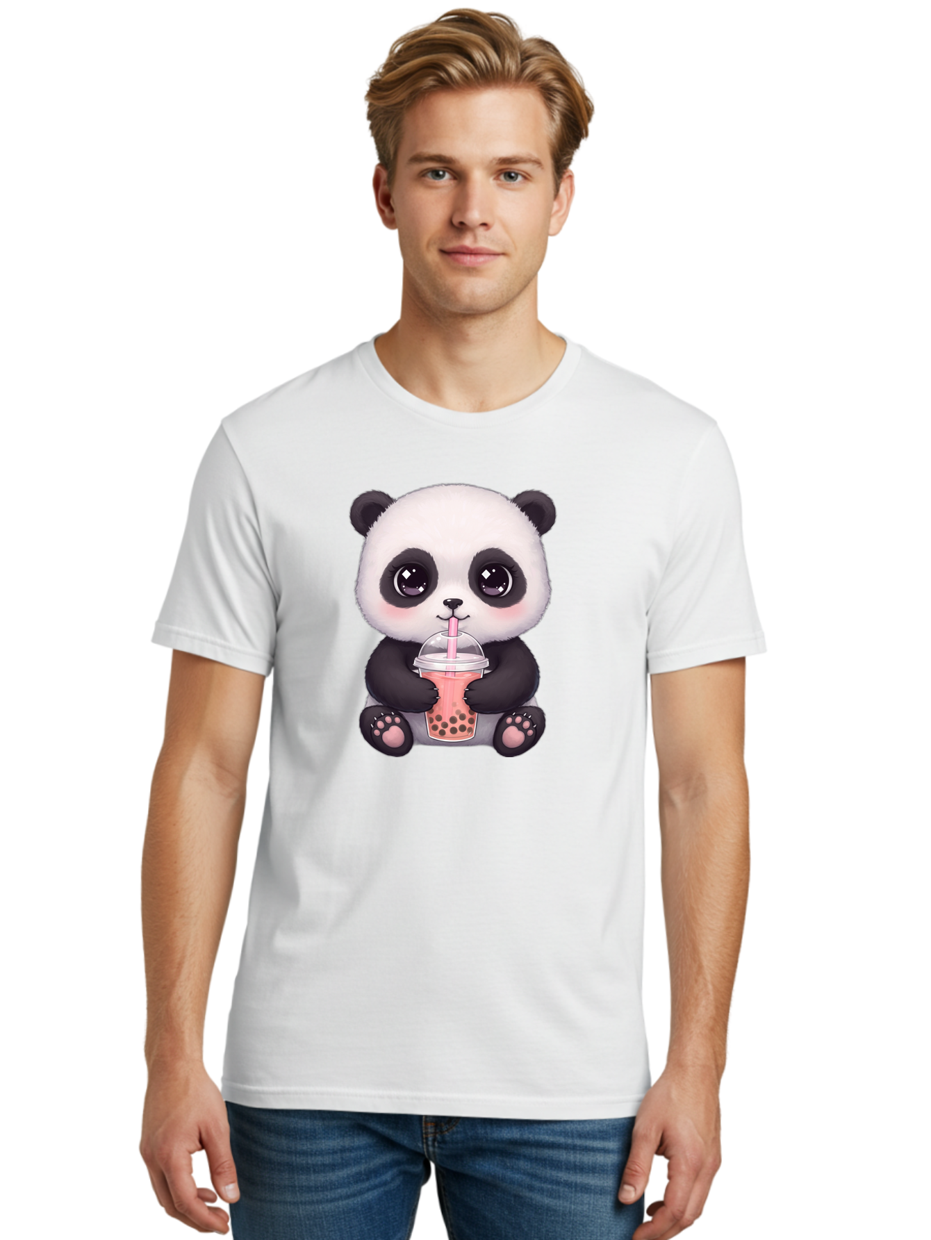 Panda-Drinking-Boba Men'S Graphic Tee, 100% Cotton, Comfortable Casual Summer Wear, Machine Washable, Kawaii Panda, Adorable Cartoon, Bubble Tea, Boba Drink, Pink Straw, Cute Illustration, Digital Art, Panda Bear, Drinking Tea, Bae577