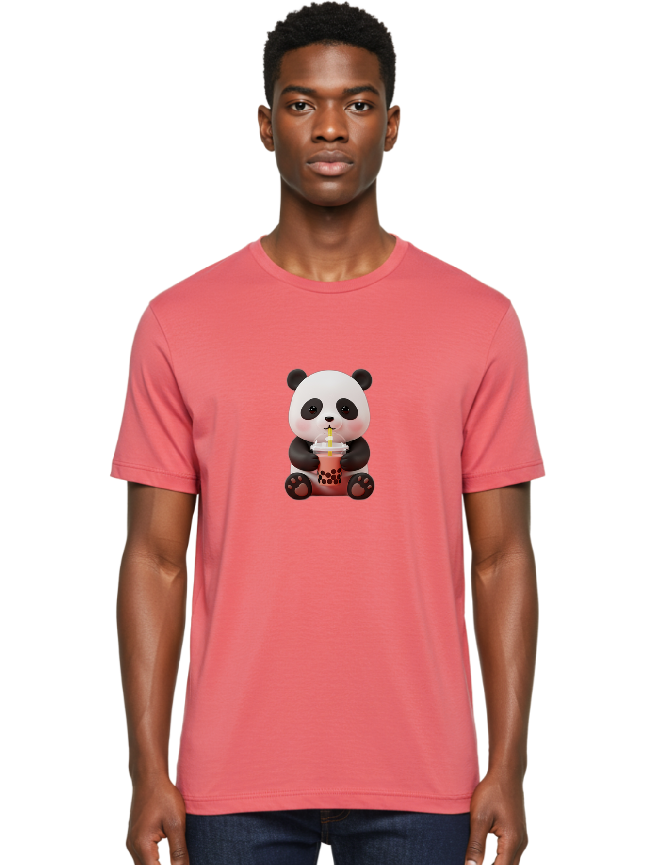 Panda-Drinking-Bubble-Tea-2 Men'S Graphic Tee, 100% Cotton, Comfortable Casual Summer Wear, Machine Washable, Panda, Bubble Tea, Boba, Cartoon Character, Cute Animal, Funny Illustration, Drinking Straw, Kawaii, Asian Culture, Adorable Panda, Bae579