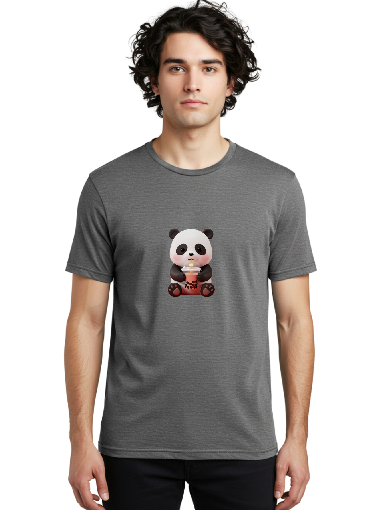 Panda-Drinking-Bubble-Tea-2 Men'S Graphic Tee, 100% Cotton, Comfortable Casual Summer Wear, Machine Washable, Panda, Bubble Tea, Boba, Cartoon Character, Cute Animal, Funny Illustration, Drinking Straw, Kawaii, Asian Culture, Adorable Panda, Bae579
