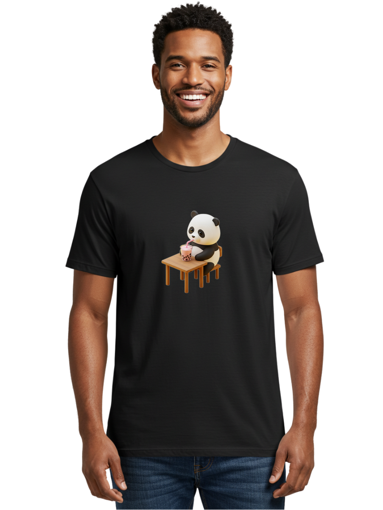 Panda-Drinking-Bubble-Tea-3 Men'S Graphic Tee, 100% Cotton, Comfortable Casual Summer Wear, Machine Washable, Cartoon Panda, Drinking Boba Tea, Adorable Animal, Cute Character, Bubble Tea, Funny Illustration, 3D Rendering, Panda Bear, Bae580