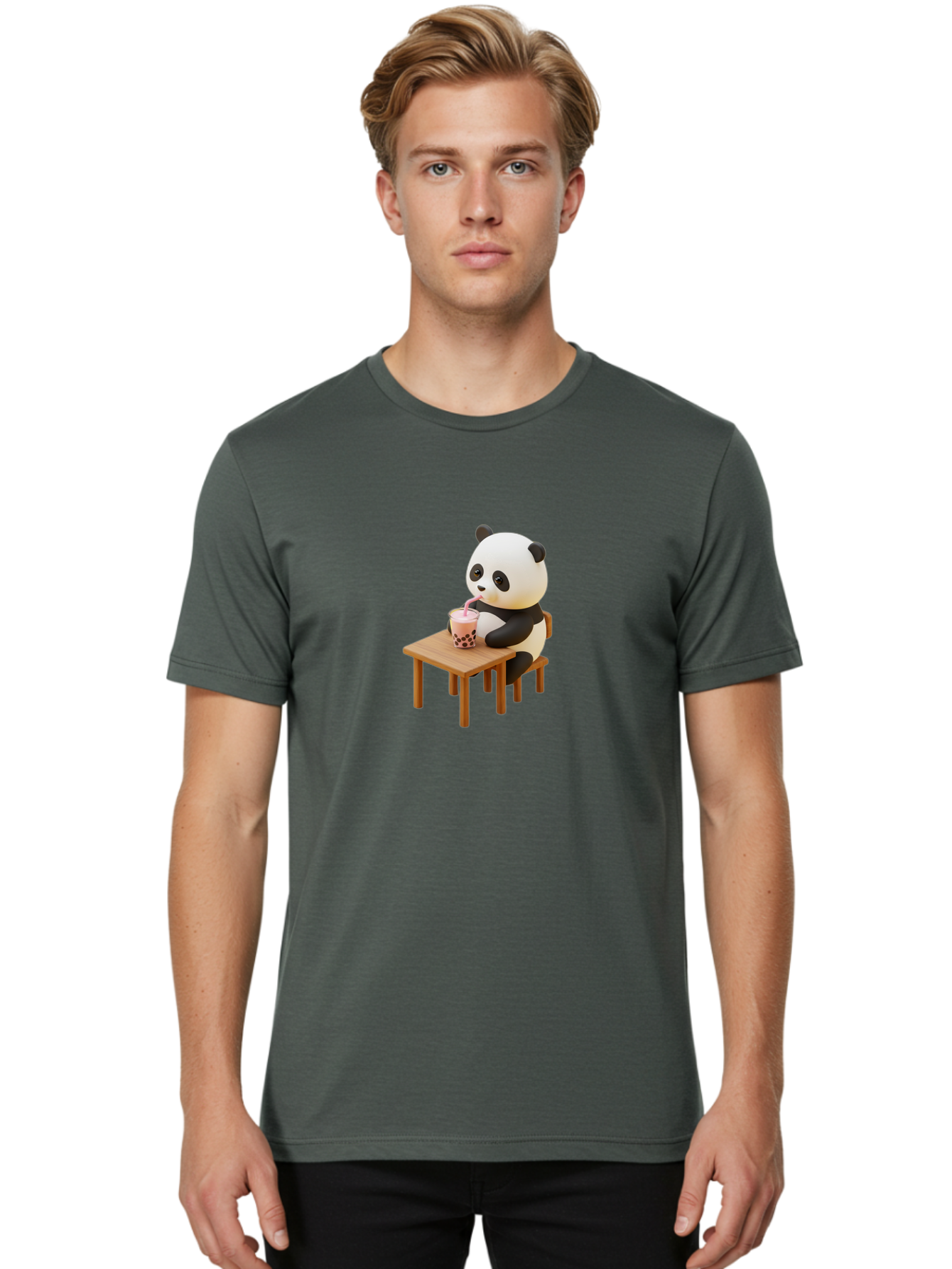 Panda-Drinking-Bubble-Tea-3 Men'S Graphic Tee, 100% Cotton, Comfortable Casual Summer Wear, Machine Washable, Cartoon Panda, Drinking Boba Tea, Adorable Animal, Cute Character, Bubble Tea, Funny Illustration, 3D Rendering, Panda Bear, Bae580
