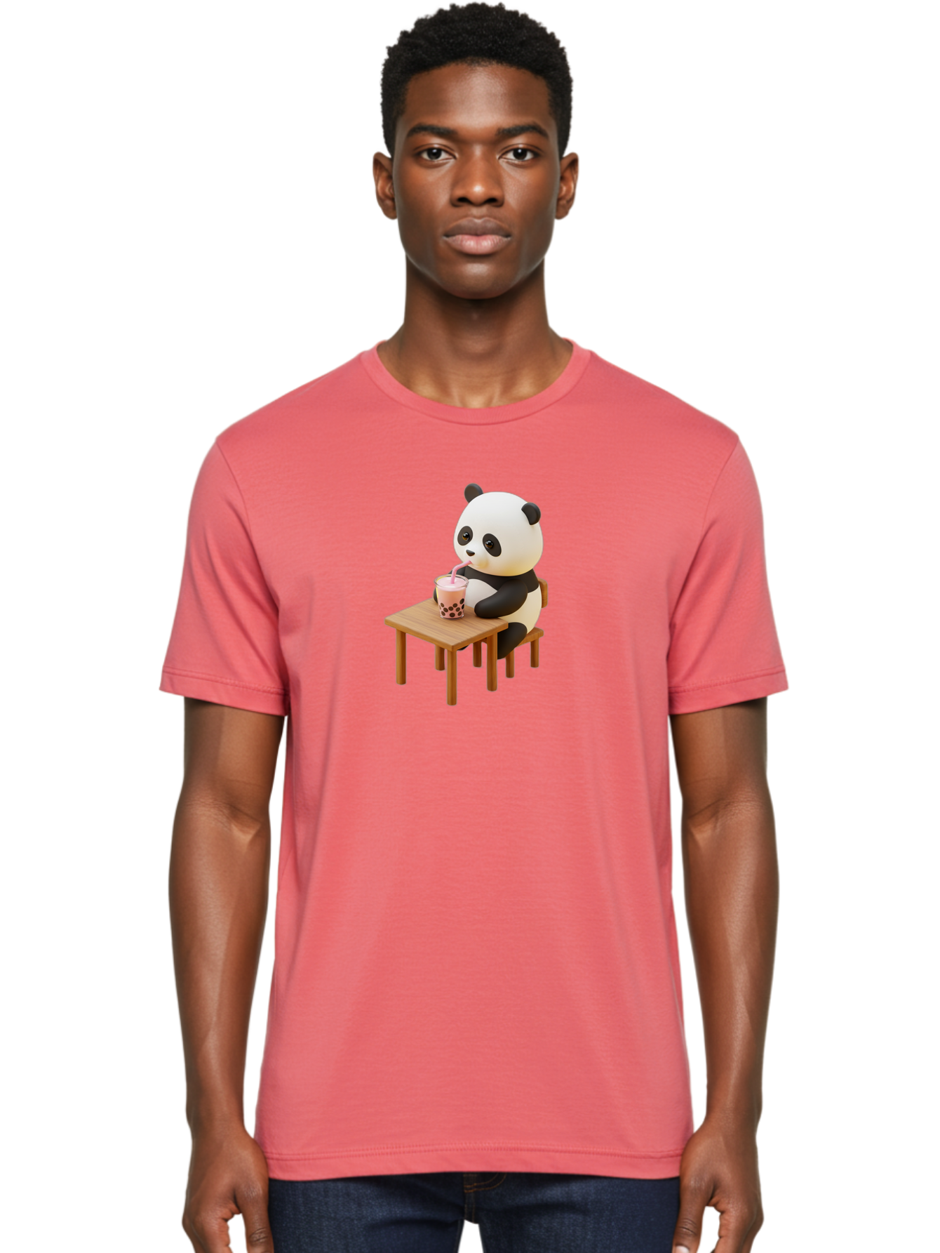 Panda-Drinking-Bubble-Tea-3 Men'S Graphic Tee, 100% Cotton, Comfortable Casual Summer Wear, Machine Washable, Cartoon Panda, Drinking Boba Tea, Adorable Animal, Cute Character, Bubble Tea, Funny Illustration, 3D Rendering, Panda Bear, Bae580
