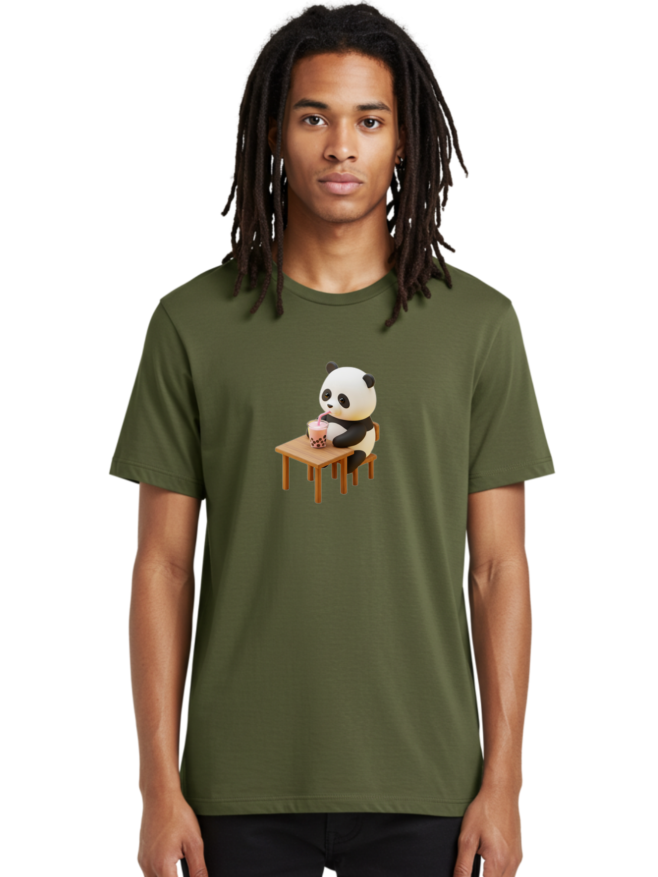 Panda-Drinking-Bubble-Tea-3 Men'S Graphic Tee, 100% Cotton, Comfortable Casual Summer Wear, Machine Washable, Cartoon Panda, Drinking Boba Tea, Adorable Animal, Cute Character, Bubble Tea, Funny Illustration, 3D Rendering, Panda Bear, Bae580