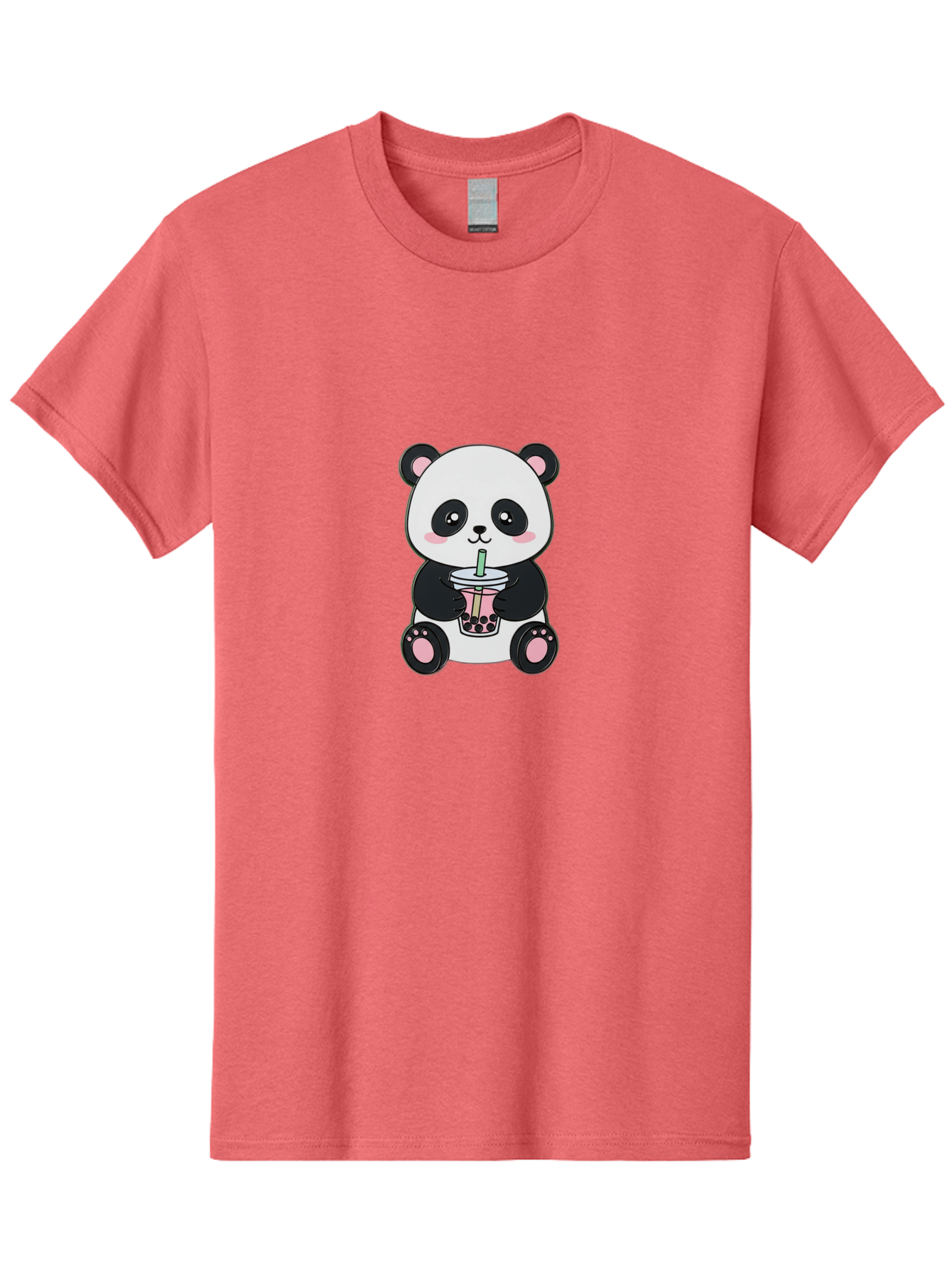 Panda-Drinking-Bubble-Tea-4 Men'S Graphic Tee, 100% Cotton, Comfortable Casual Summer Wear, Machine Washable, Cute Panda, Bubble Tea, Black And White Panda, Pink Accents, Adorable Cartoon Character, Boba Drink, Kawaii Illustration, Boba Tea, Bae581