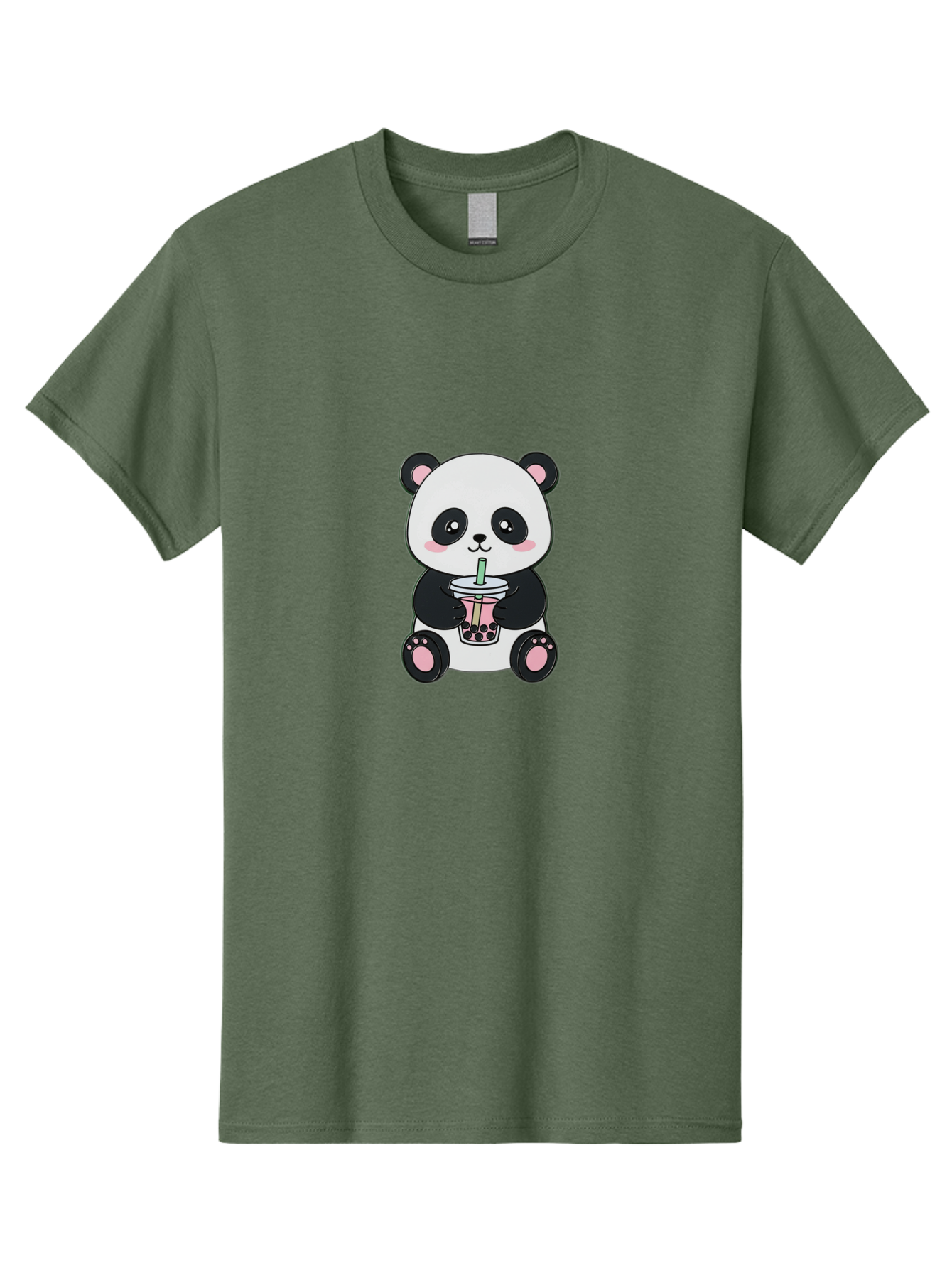 Panda-Drinking-Bubble-Tea-4 Men'S Graphic Tee, 100% Cotton, Comfortable Casual Summer Wear, Machine Washable, Cute Panda, Bubble Tea, Black And White Panda, Pink Accents, Adorable Cartoon Character, Boba Drink, Kawaii Illustration, Boba Tea, Bae581