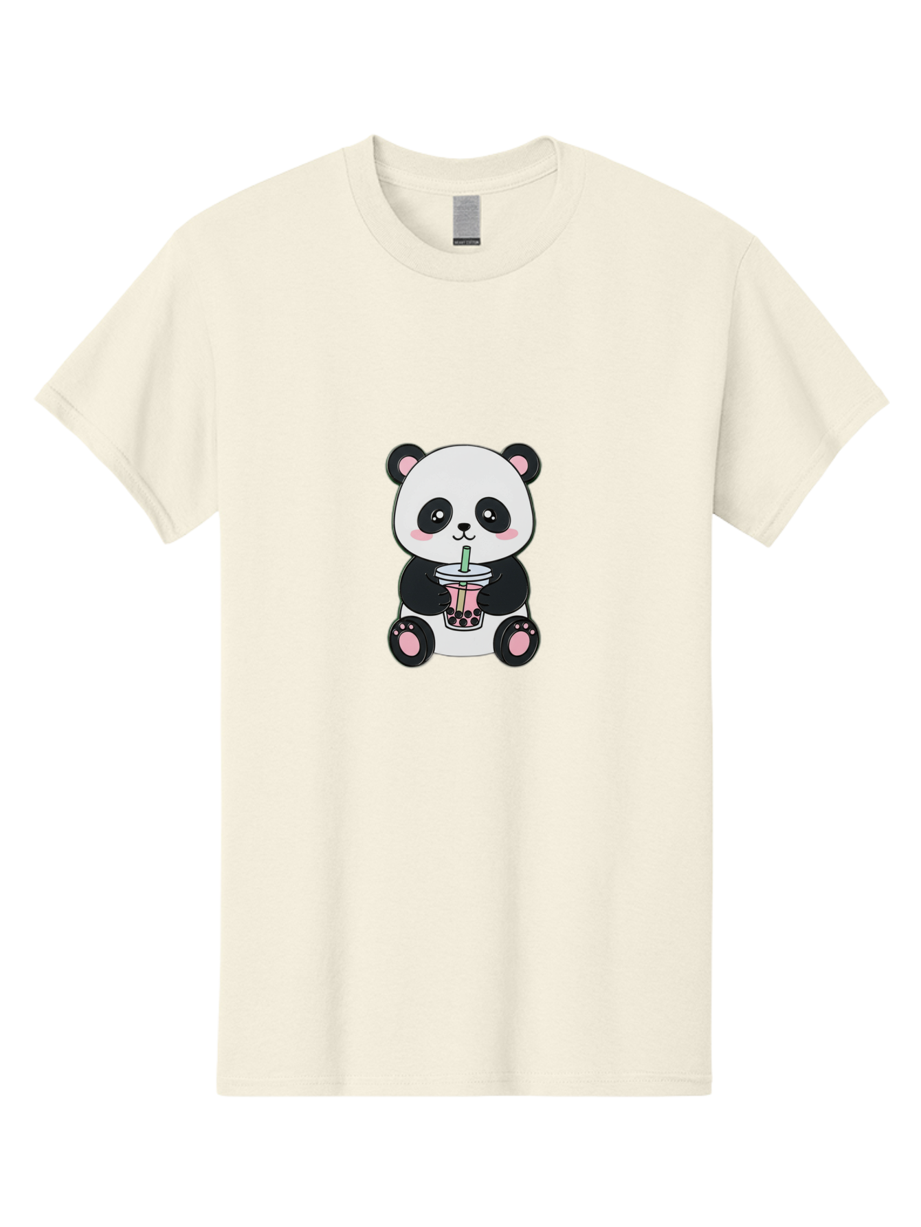 Panda-Drinking-Bubble-Tea-4 Men'S Graphic Tee, 100% Cotton, Comfortable Casual Summer Wear, Machine Washable, Cute Panda, Bubble Tea, Black And White Panda, Pink Accents, Adorable Cartoon Character, Boba Drink, Kawaii Illustration, Boba Tea, Bae581