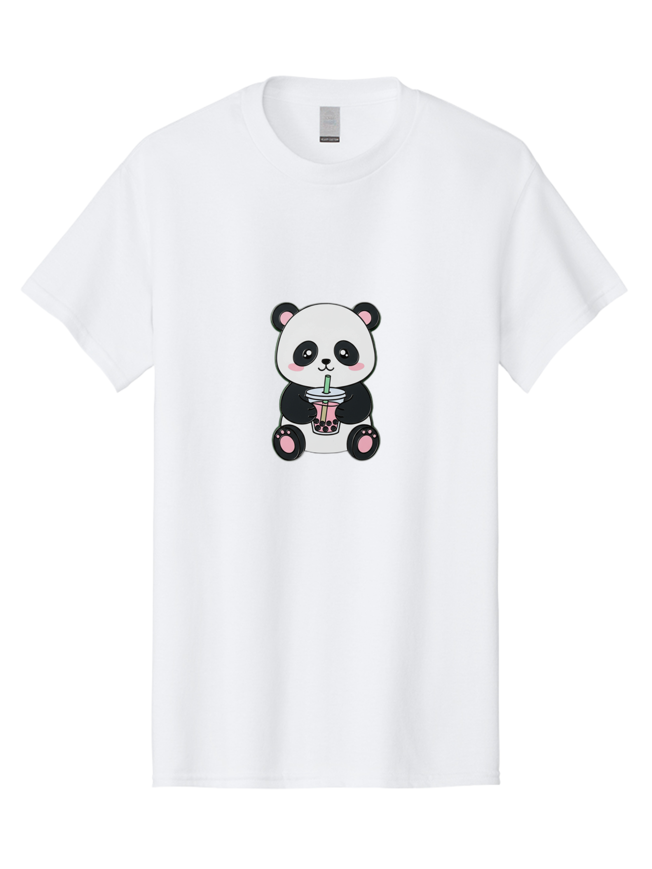 Panda-Drinking-Bubble-Tea-4 Men'S Graphic Tee, 100% Cotton, Comfortable Casual Summer Wear, Machine Washable, Cute Panda, Bubble Tea, Black And White Panda, Pink Accents, Adorable Cartoon Character, Boba Drink, Kawaii Illustration, Boba Tea, Bae581