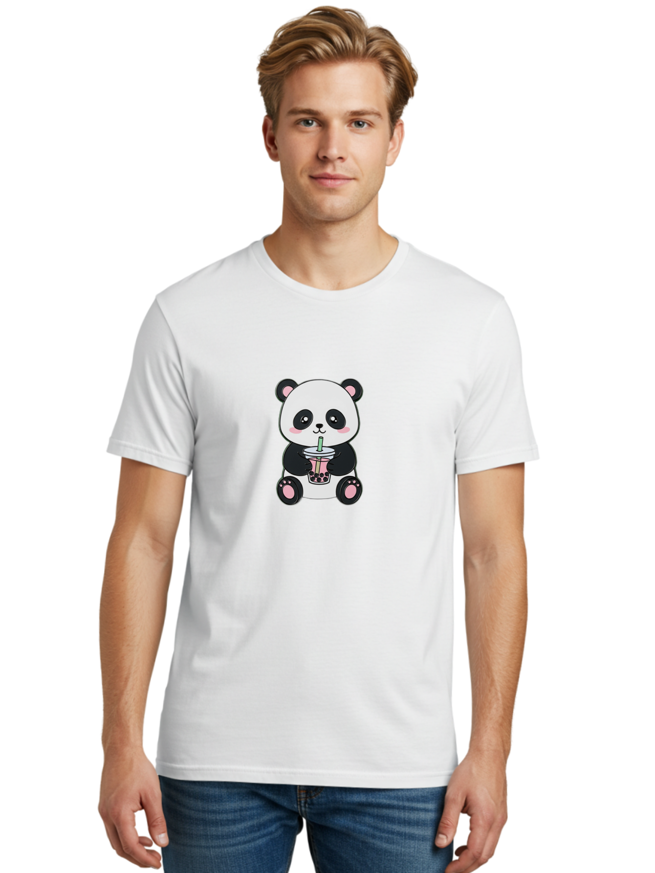 Panda-Drinking-Bubble-Tea-4 Men'S Graphic Tee, 100% Cotton, Comfortable Casual Summer Wear, Machine Washable, Cute Panda, Bubble Tea, Black And White Panda, Pink Accents, Adorable Cartoon Character, Boba Drink, Kawaii Illustration, Boba Tea, Bae581