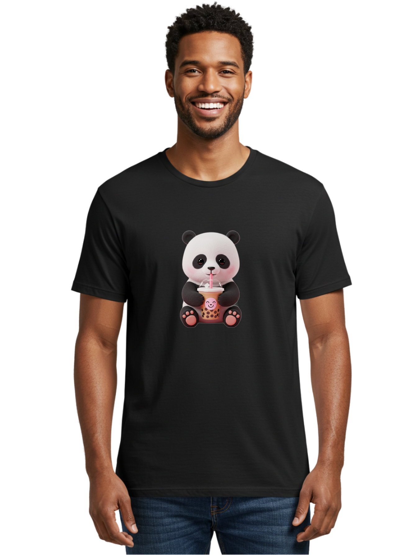 Panda-Drinking-Bubble-Tea-5 Men'S Graphic Tee, 100% Cotton, Comfortable Casual Summer Wear, Machine Washable, Cartoon Panda, Boba Tea, Bubble Tea, Adorable Animal, Kawaii Character, Milk Tea, Straw, Cute Design, Funny Illustration, Bae582
