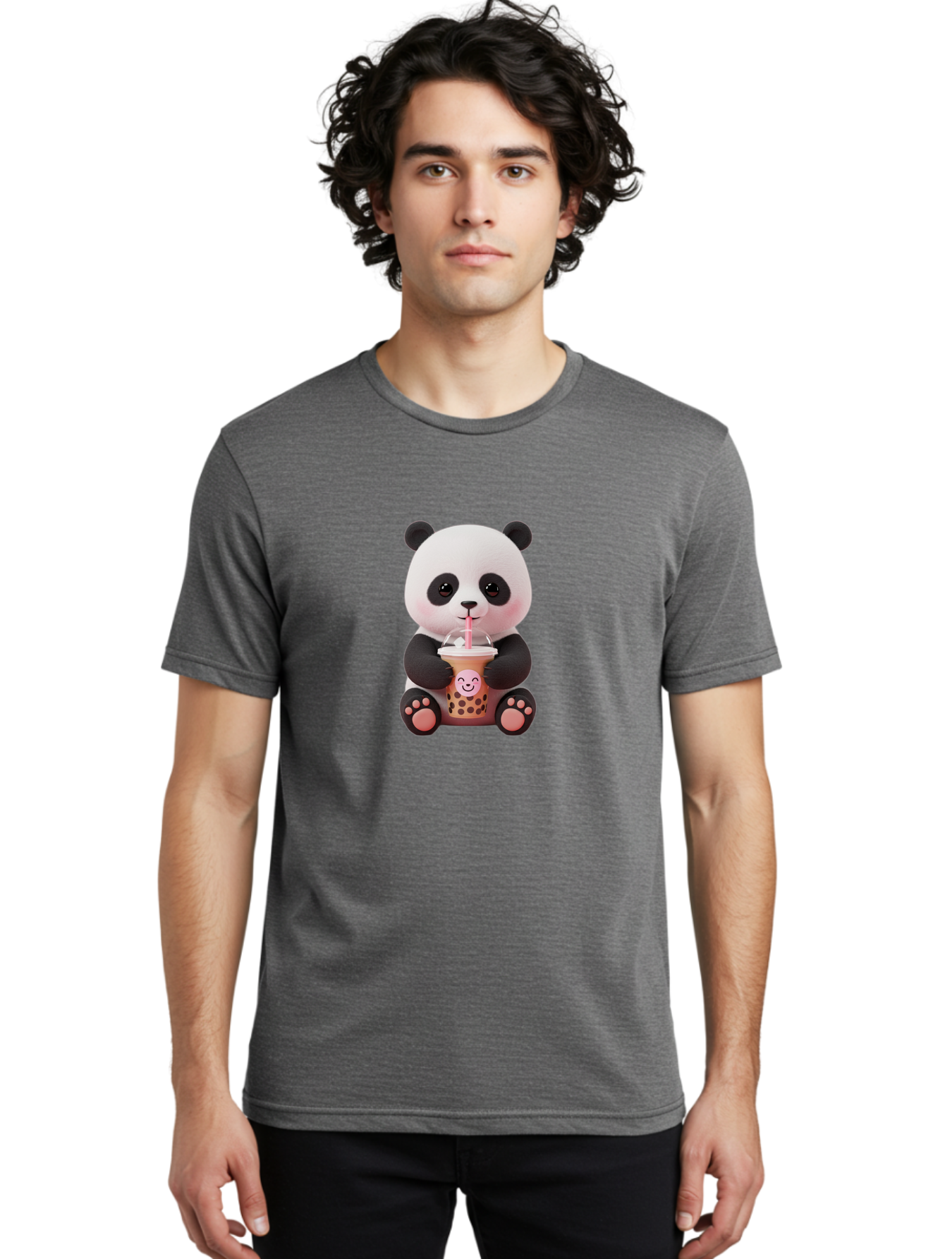 Panda-Drinking-Bubble-Tea-5 Men'S Graphic Tee, 100% Cotton, Comfortable Casual Summer Wear, Machine Washable, Cartoon Panda, Boba Tea, Bubble Tea, Adorable Animal, Kawaii Character, Milk Tea, Straw, Cute Design, Funny Illustration, Bae582