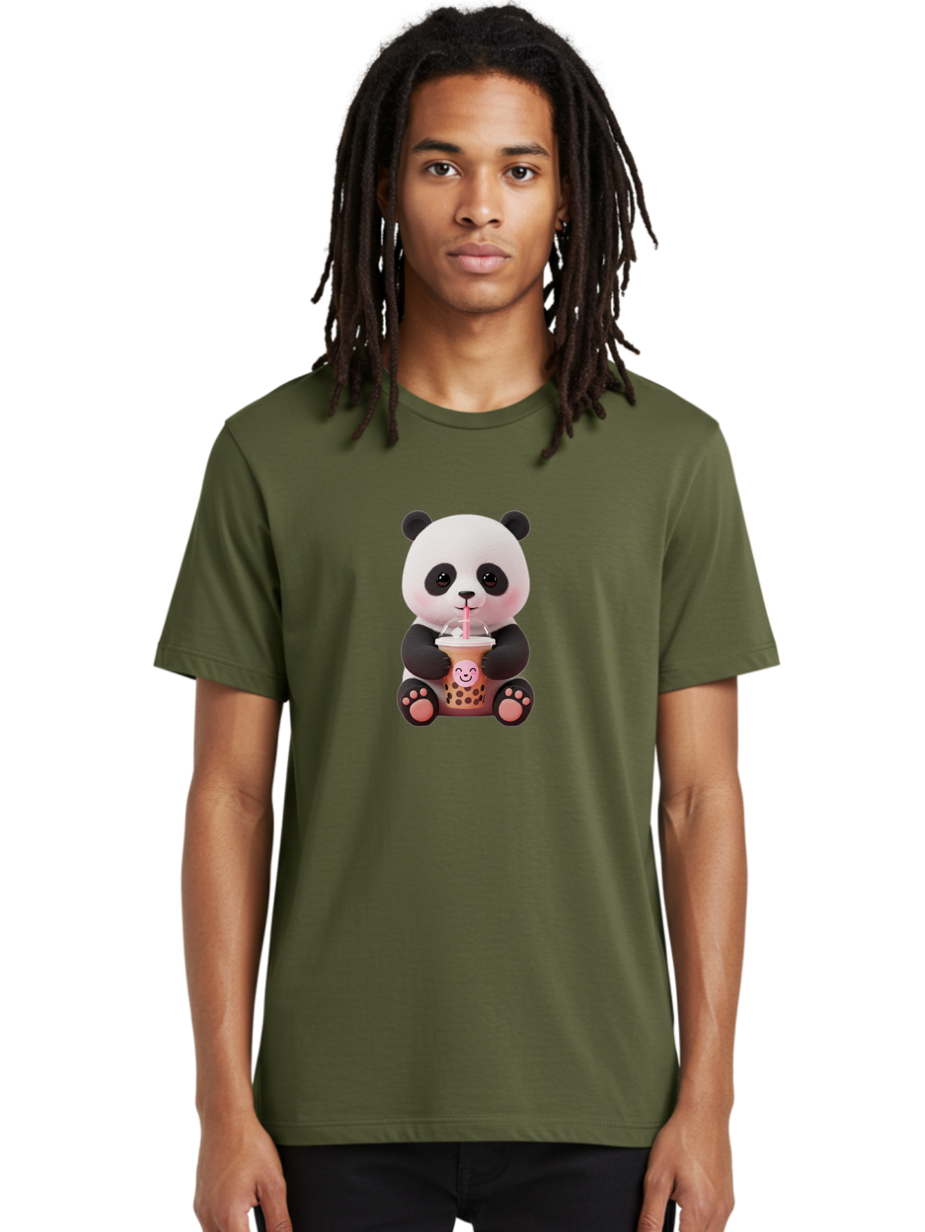 Panda-Drinking-Bubble-Tea-5 Men'S Graphic Tee, 100% Cotton, Comfortable Casual Summer Wear, Machine Washable, Cartoon Panda, Boba Tea, Bubble Tea, Adorable Animal, Kawaii Character, Milk Tea, Straw, Cute Design, Funny Illustration, Bae582