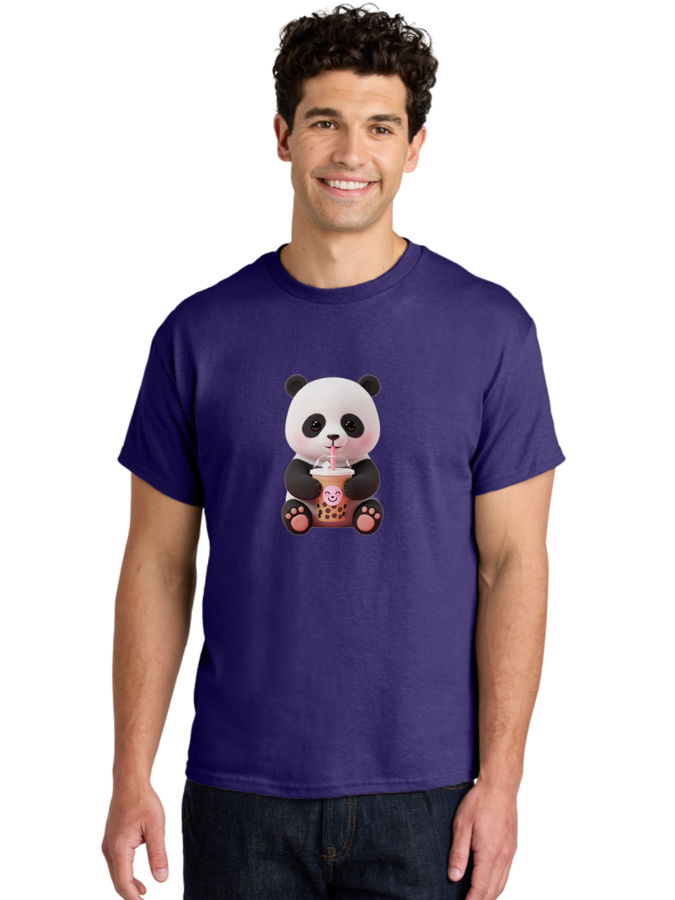 Panda-Drinking-Bubble-Tea-5 Men'S Graphic Tee, 100% Cotton, Comfortable Casual Summer Wear, Machine Washable, Cartoon Panda, Boba Tea, Bubble Tea, Adorable Animal, Kawaii Character, Milk Tea, Straw, Cute Design, Funny Illustration, Bae582