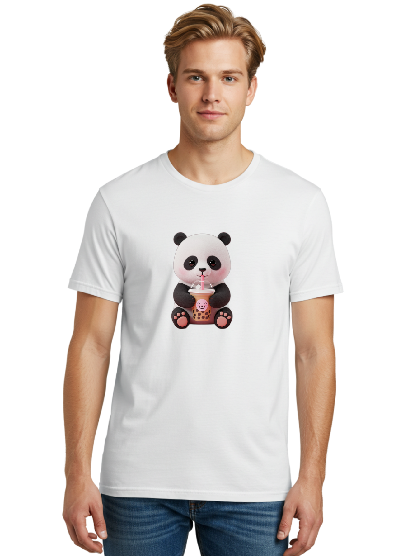 Panda-Drinking-Bubble-Tea-5 Men'S Graphic Tee, 100% Cotton, Comfortable Casual Summer Wear, Machine Washable, Cartoon Panda, Boba Tea, Bubble Tea, Adorable Animal, Kawaii Character, Milk Tea, Straw, Cute Design, Funny Illustration, Bae582