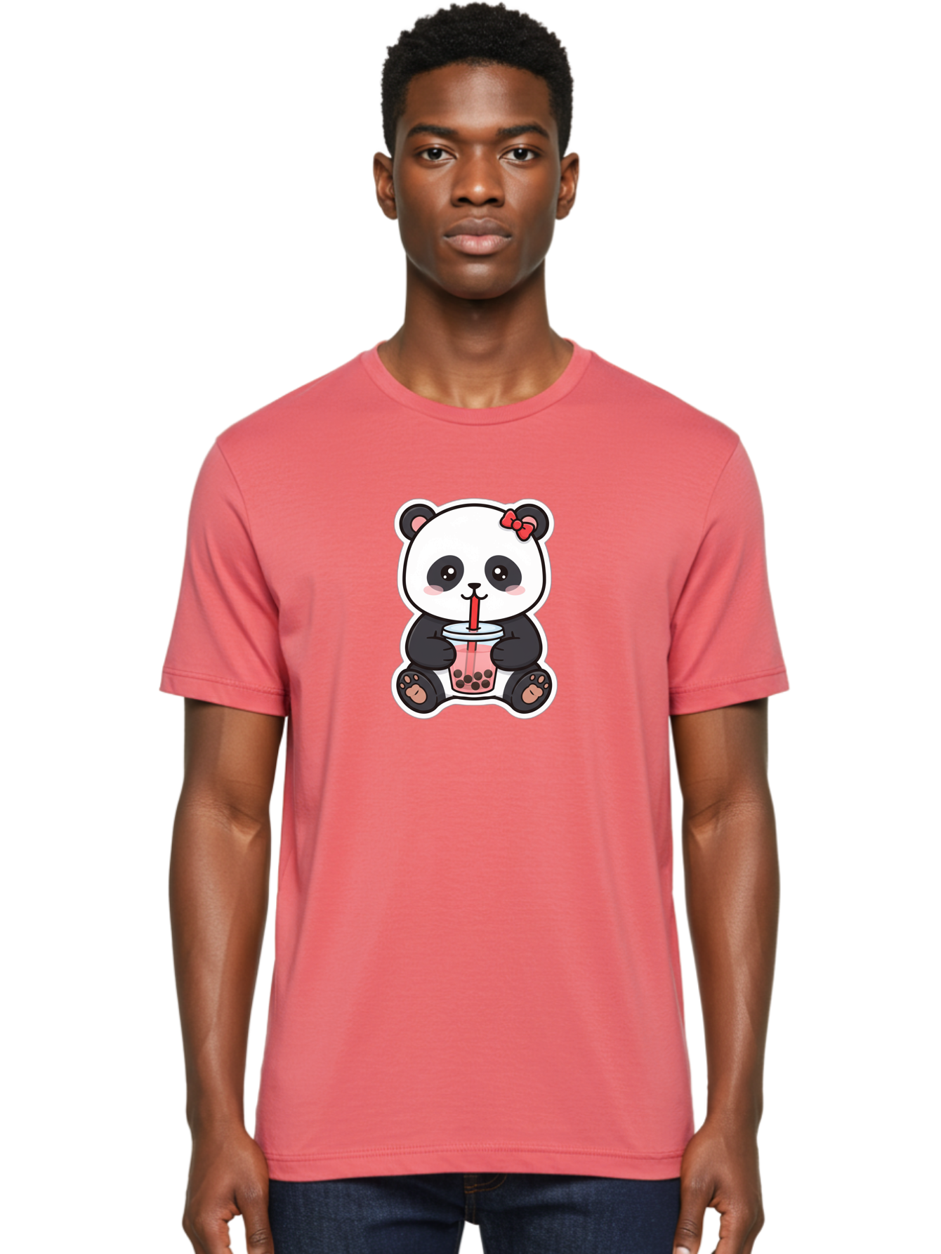 Panda-Drinking-Bubble-Tea Men'S Graphic Tee, 100% Cotton, Comfortable Casual Summer Wear, Machine Washable, Cute Panda, Boba Tea, Bubble Tea, Kawaii Character, Adorable Animal, Pink Drink, Red Straw, Boba Lover, Cartoon Style Bae583