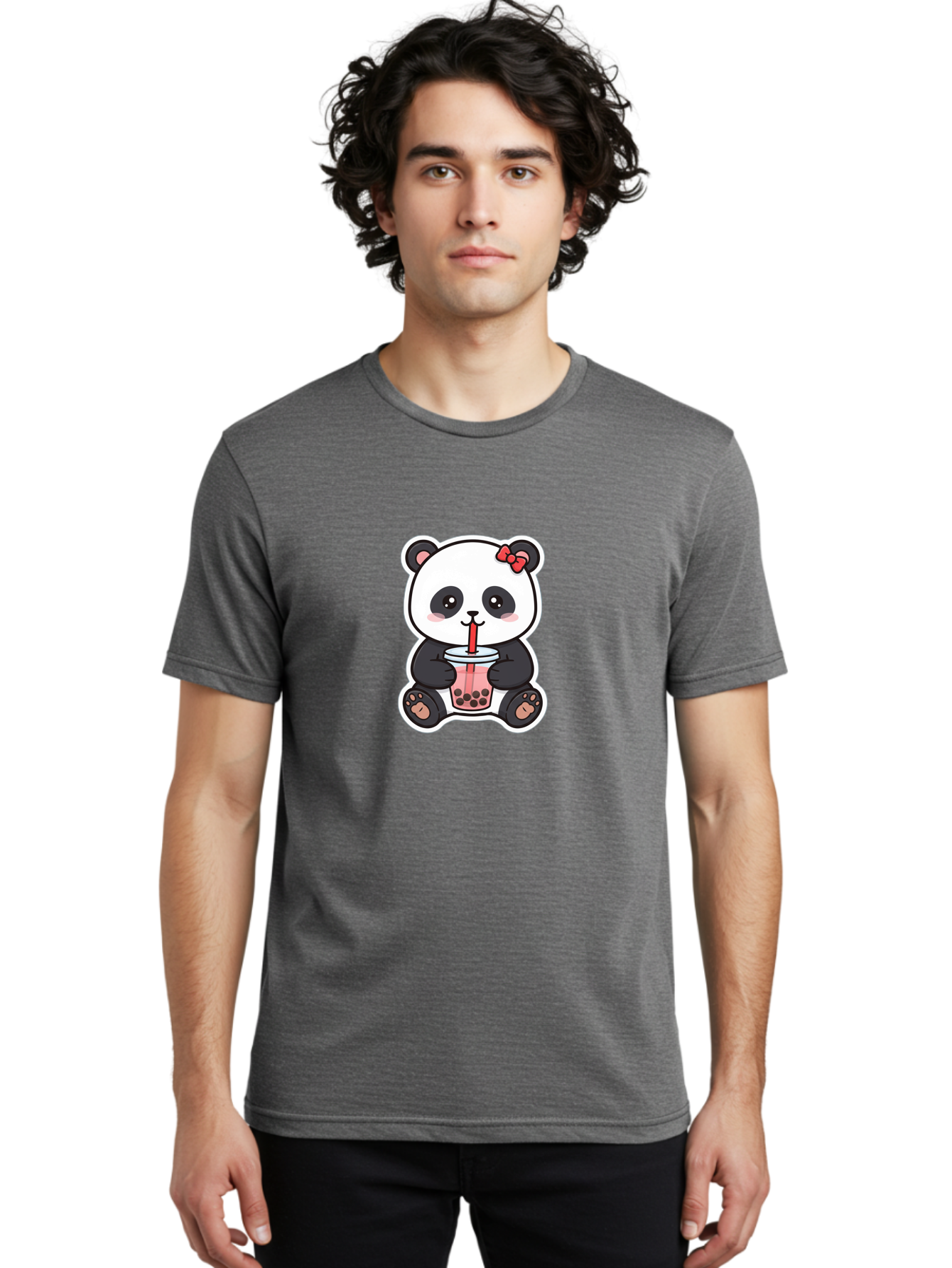 Panda-Drinking-Bubble-Tea Men'S Graphic Tee, 100% Cotton, Comfortable Casual Summer Wear, Machine Washable, Cute Panda, Boba Tea, Bubble Tea, Kawaii Character, Adorable Animal, Pink Drink, Red Straw, Boba Lover, Cartoon Style Bae583