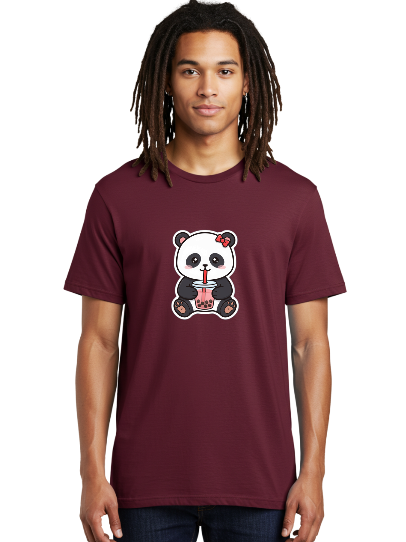 Panda-Drinking-Bubble-Tea Men'S Graphic Tee, 100% Cotton, Comfortable Casual Summer Wear, Machine Washable, Cute Panda, Boba Tea, Bubble Tea, Kawaii Character, Adorable Animal, Pink Drink, Red Straw, Boba Lover, Cartoon Style Bae583