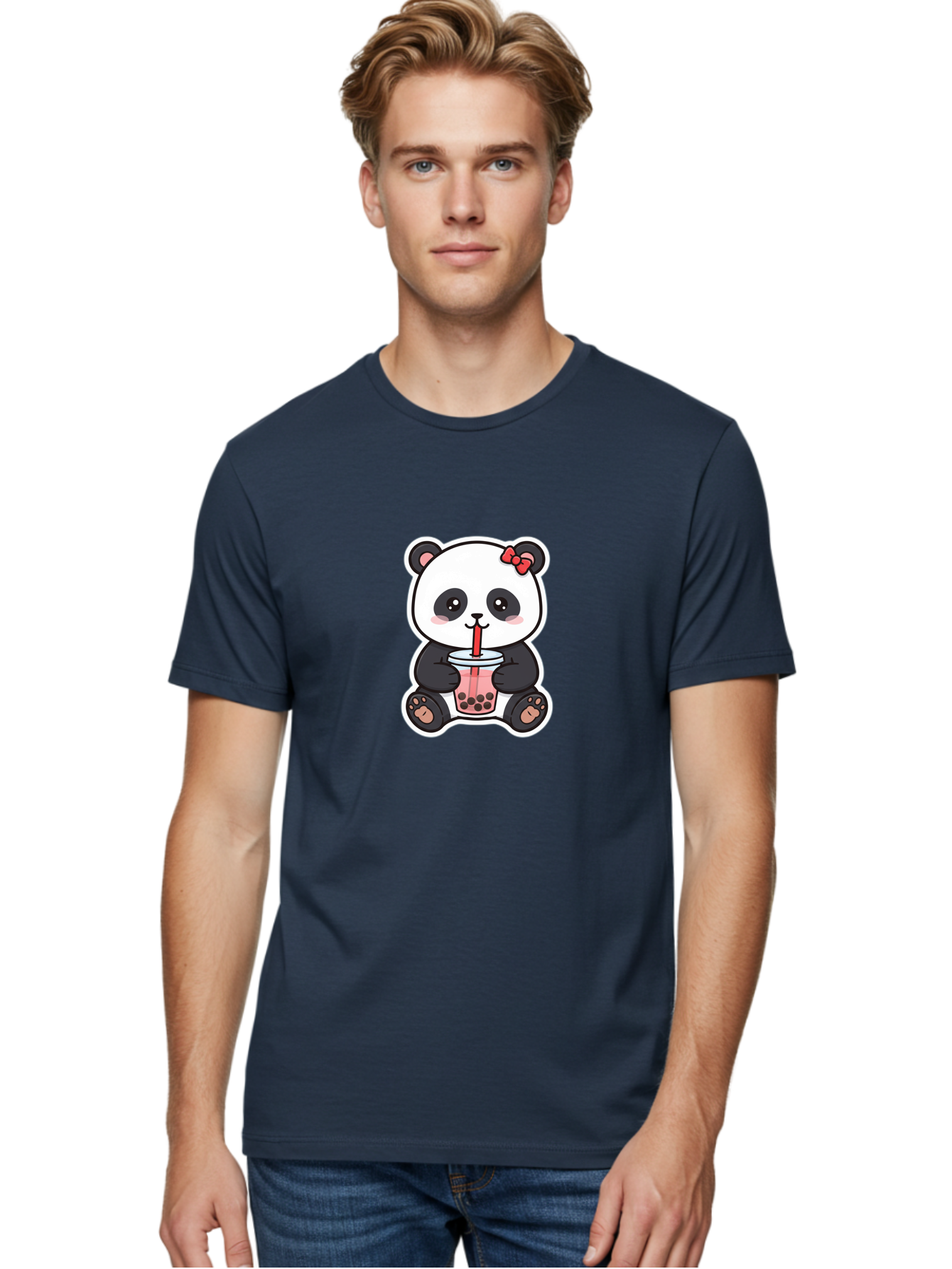 Panda-Drinking-Bubble-Tea Men'S Graphic Tee, 100% Cotton, Comfortable Casual Summer Wear, Machine Washable, Cute Panda, Boba Tea, Bubble Tea, Kawaii Character, Adorable Animal, Pink Drink, Red Straw, Boba Lover, Cartoon Style Bae583