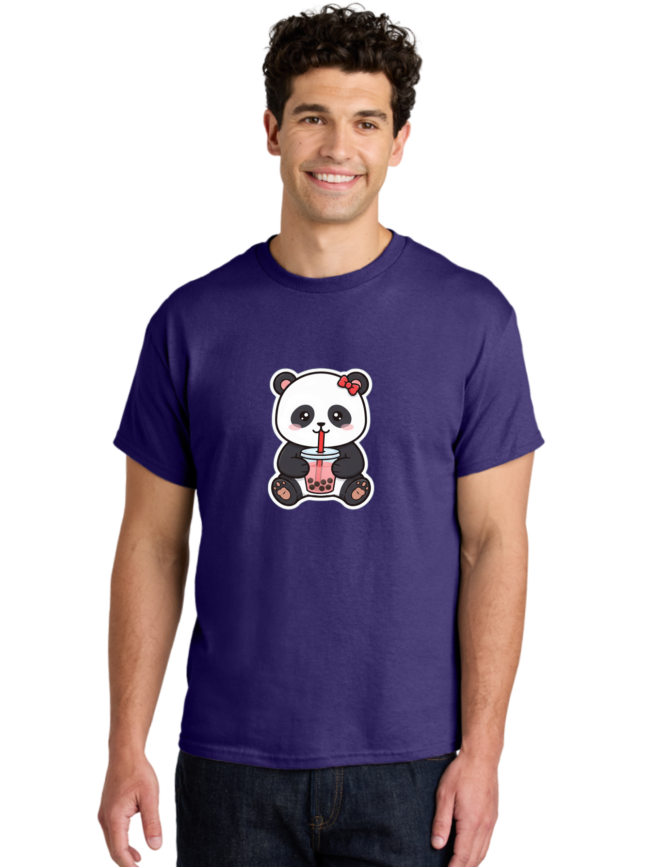 Panda-Drinking-Bubble-Tea Men'S Graphic Tee, 100% Cotton, Comfortable Casual Summer Wear, Machine Washable, Cute Panda, Boba Tea, Bubble Tea, Kawaii Character, Adorable Animal, Pink Drink, Red Straw, Boba Lover, Cartoon Style Bae583