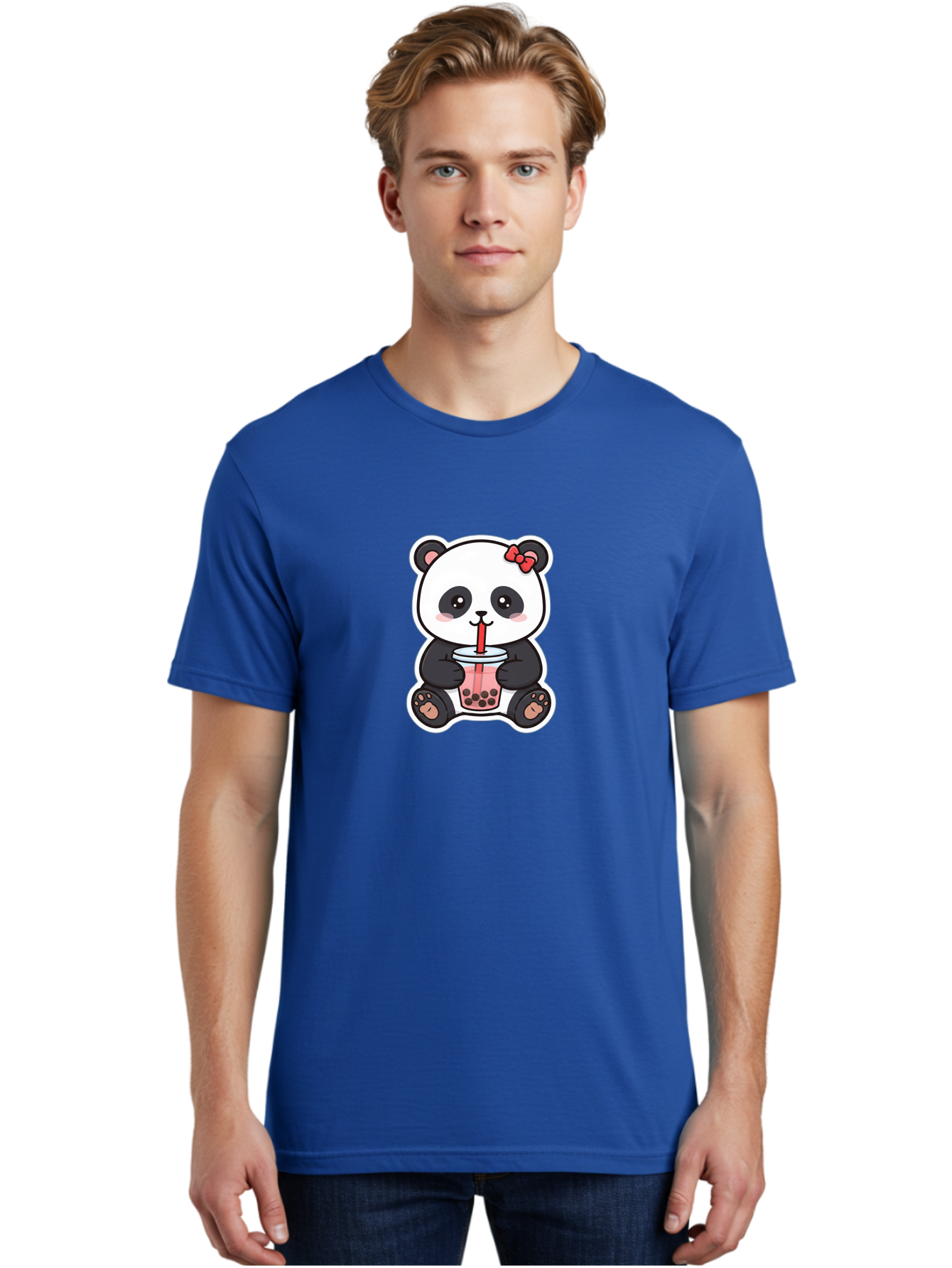 Panda-Drinking-Bubble-Tea Men'S Graphic Tee, 100% Cotton, Comfortable Casual Summer Wear, Machine Washable, Cute Panda, Boba Tea, Bubble Tea, Kawaii Character, Adorable Animal, Pink Drink, Red Straw, Boba Lover, Cartoon Style Bae583
