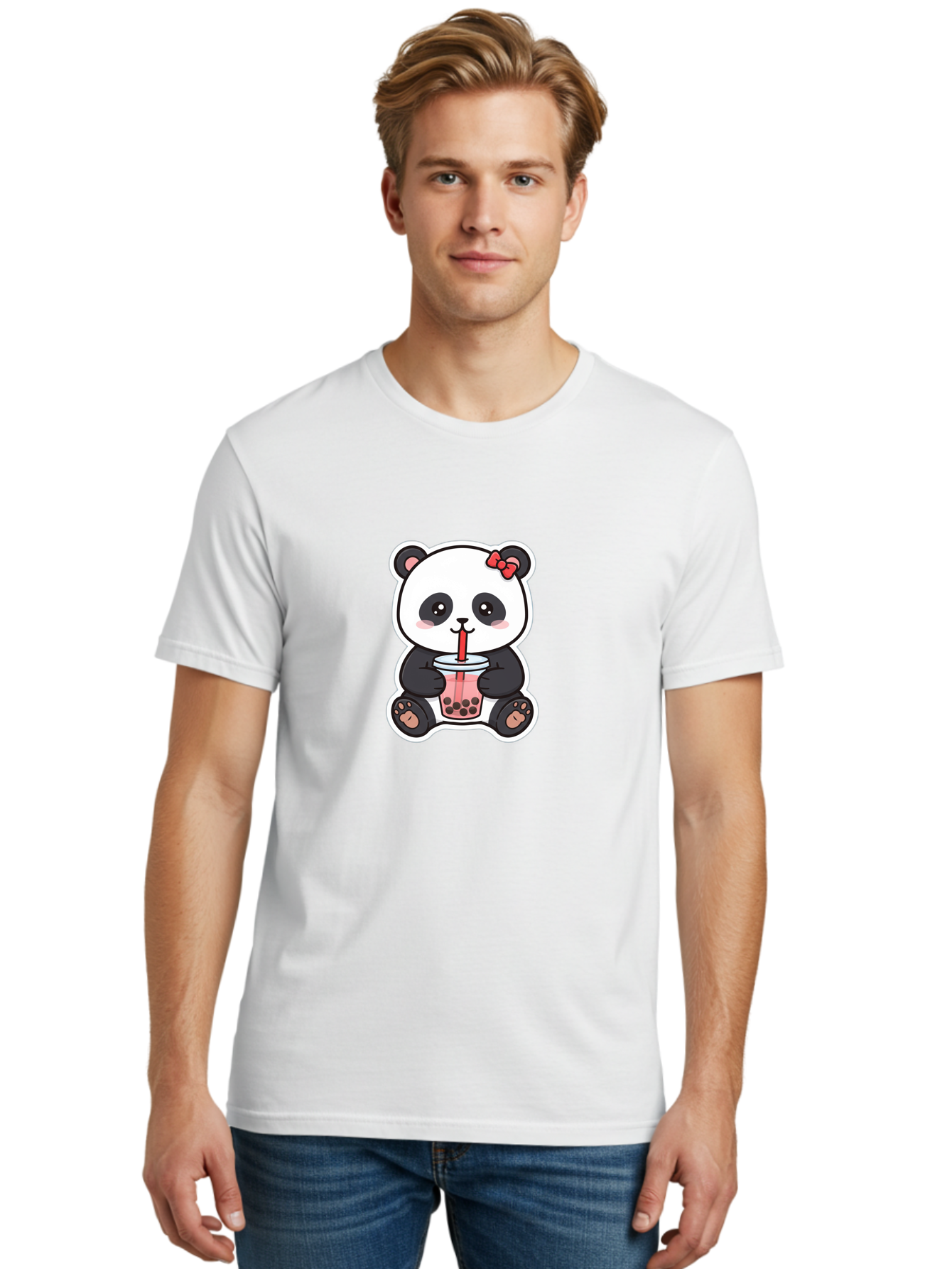 Panda-Drinking-Bubble-Tea Men'S Graphic Tee, 100% Cotton, Comfortable Casual Summer Wear, Machine Washable, Cute Panda, Boba Tea, Bubble Tea, Kawaii Character, Adorable Animal, Pink Drink, Red Straw, Boba Lover, Cartoon Style Bae583