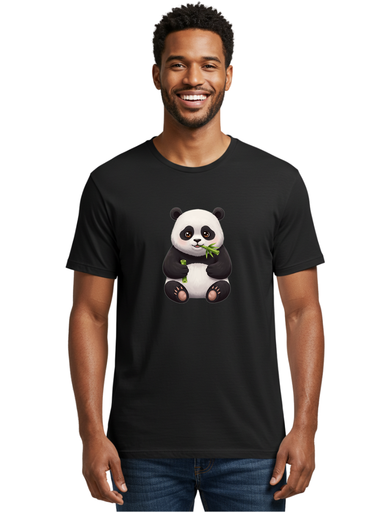 Panda-Eating-Bamboo-1 Men'S Graphic Tee, 100% Cotton, Comfortable Casual Summer Wear, Machine Washable, Panda Bear, Eating Bamboo, Cute Cartoon, Adorable Animal, Bamboo Shoots, Black And White Panda, Happy Face Bae584