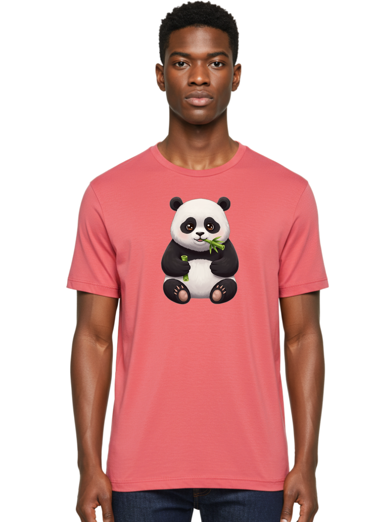 Panda-Eating-Bamboo-1 Men'S Graphic Tee, 100% Cotton, Comfortable Casual Summer Wear, Machine Washable, Panda Bear, Eating Bamboo, Cute Cartoon, Adorable Animal, Bamboo Shoots, Black And White Panda, Happy Face Bae584