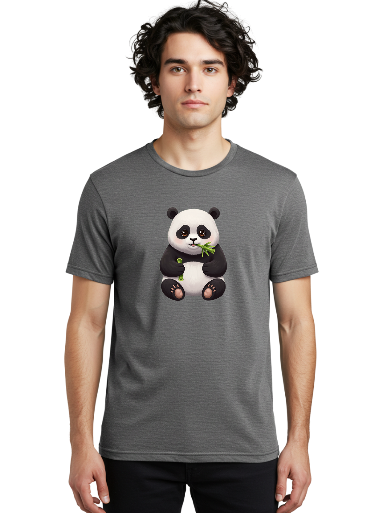 Panda-Eating-Bamboo-1 Men'S Graphic Tee, 100% Cotton, Comfortable Casual Summer Wear, Machine Washable, Panda Bear, Eating Bamboo, Cute Cartoon, Adorable Animal, Bamboo Shoots, Black And White Panda, Happy Face Bae584