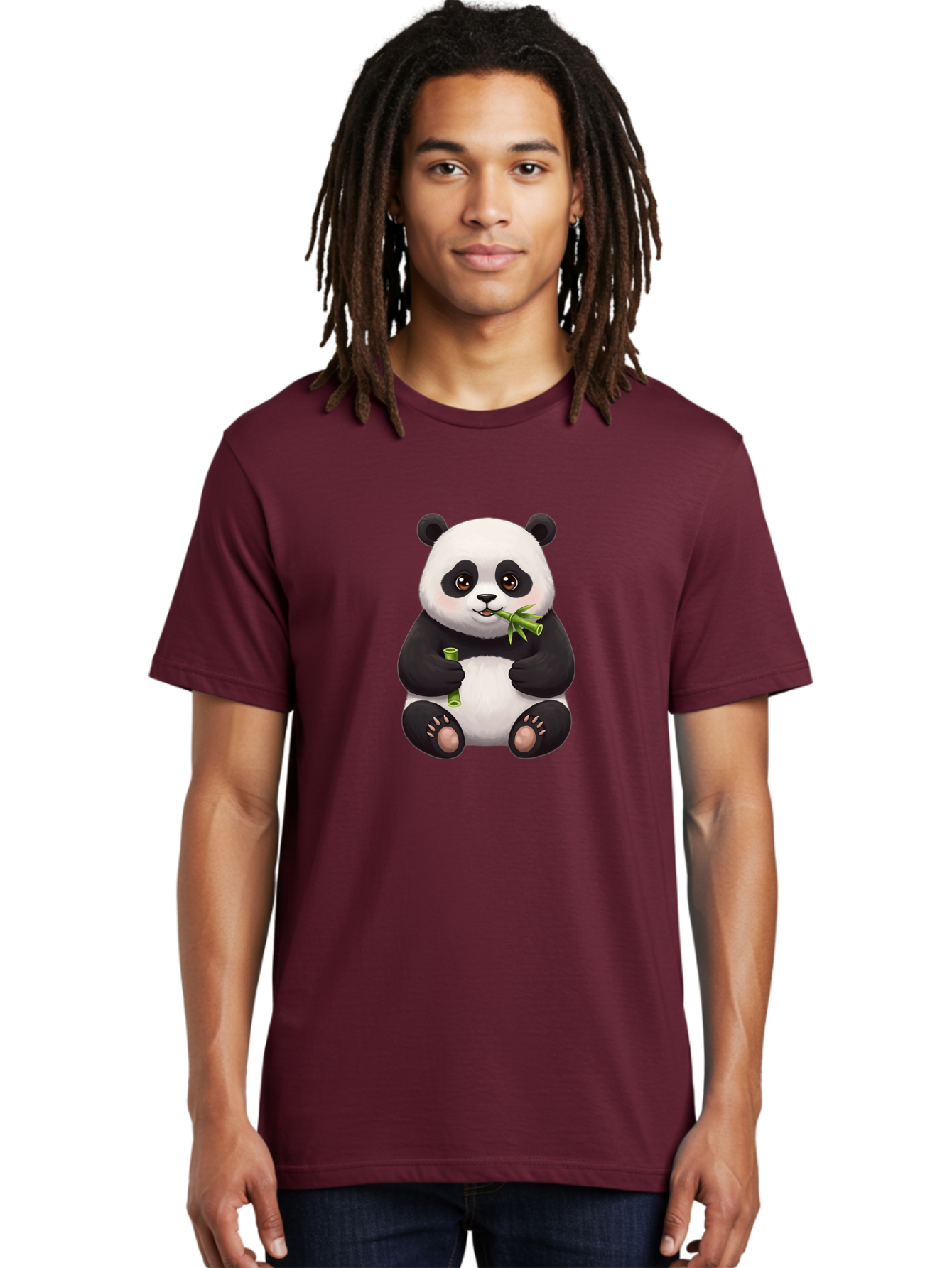 Panda-Eating-Bamboo-1 Men'S Graphic Tee, 100% Cotton, Comfortable Casual Summer Wear, Machine Washable, Panda Bear, Eating Bamboo, Cute Cartoon, Adorable Animal, Bamboo Shoots, Black And White Panda, Happy Face Bae584