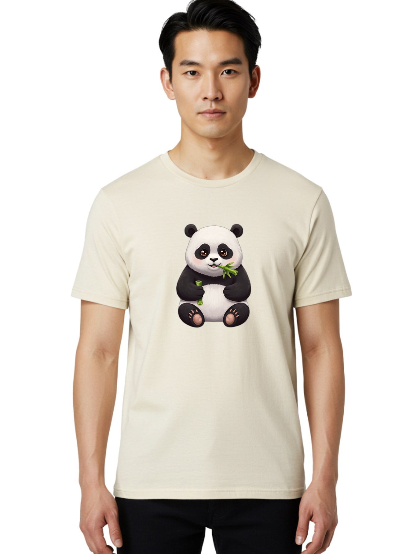 Panda-Eating-Bamboo-1 Men'S Graphic Tee, 100% Cotton, Comfortable Casual Summer Wear, Machine Washable, Panda Bear, Eating Bamboo, Cute Cartoon, Adorable Animal, Bamboo Shoots, Black And White Panda, Happy Face Bae584