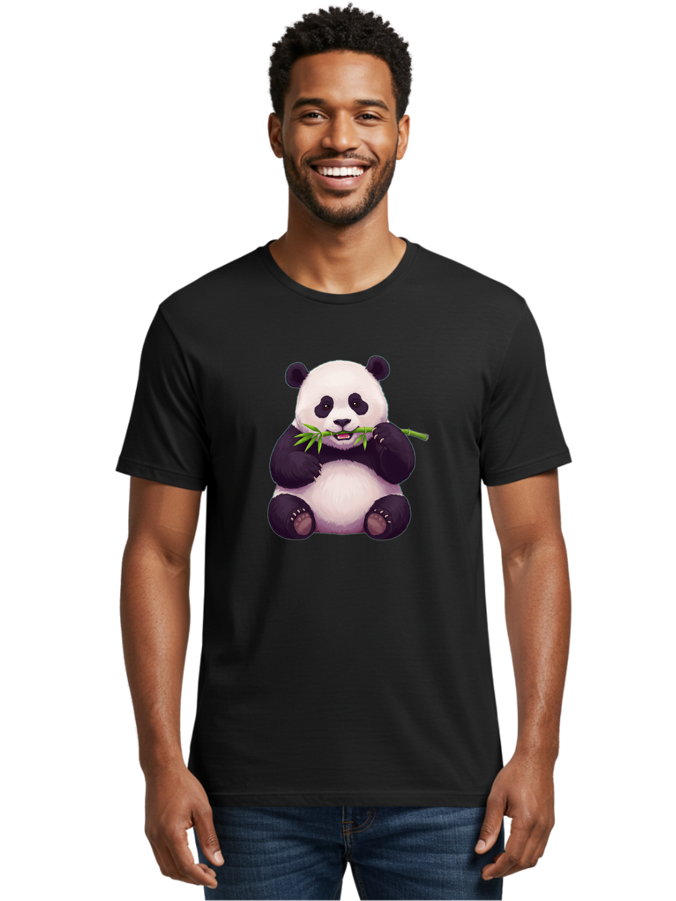 Panda-Eating-Bamboo Men'S Graphic Tee, 100% Cotton, Comfortable Casual Summer Wear, Machine Washable, Panda Eating Bamboo, Cute Panda, Cartoon Panda, Panda Bear, Bamboo Shoots, Black And White Panda, Adorable Animal, Cartoon Character Bae585