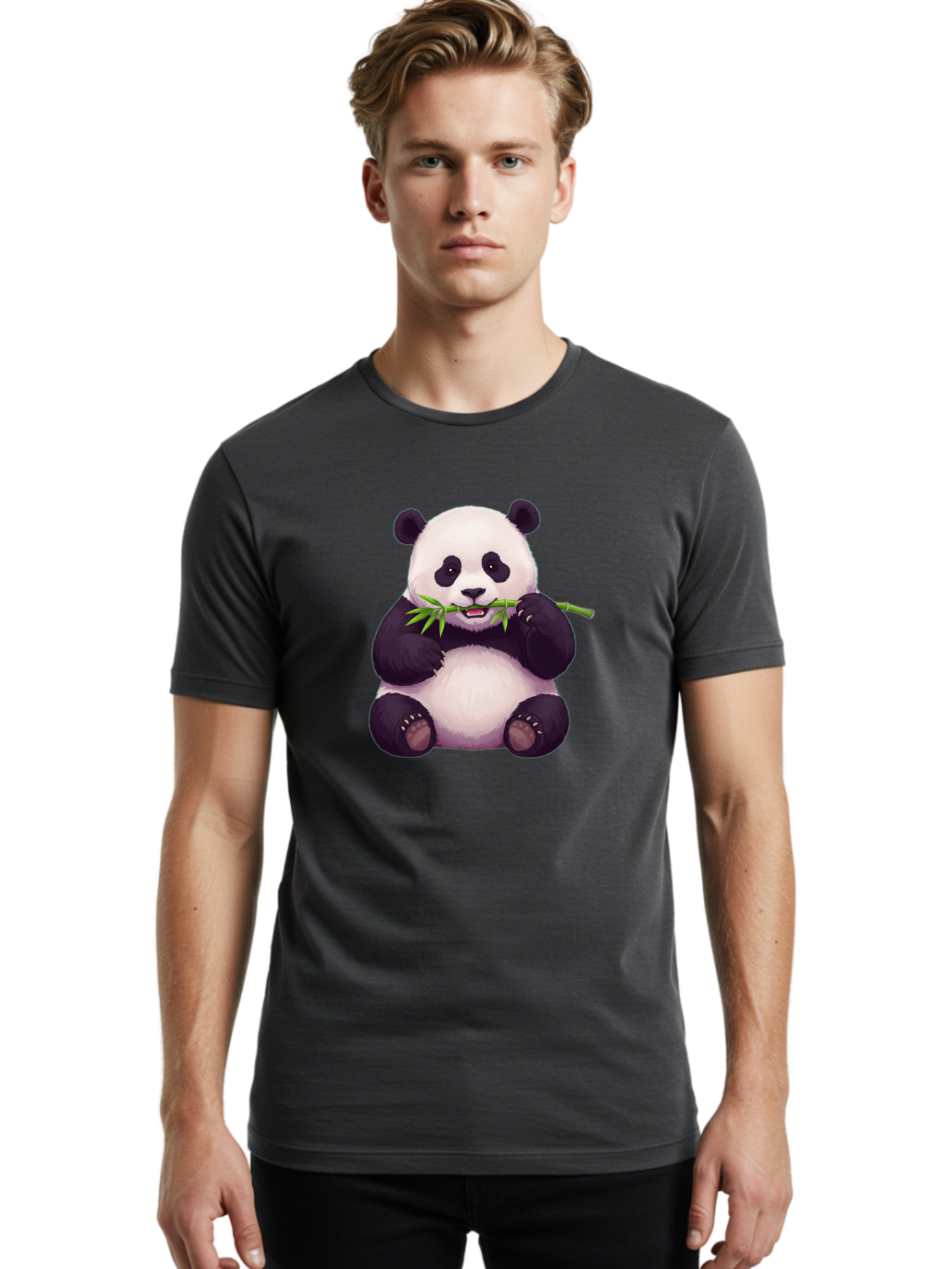 Panda-Eating-Bamboo Men'S Graphic Tee, 100% Cotton, Comfortable Casual Summer Wear, Machine Washable, Panda Eating Bamboo, Cute Panda, Cartoon Panda, Panda Bear, Bamboo Shoots, Black And White Panda, Adorable Animal, Cartoon Character Bae585